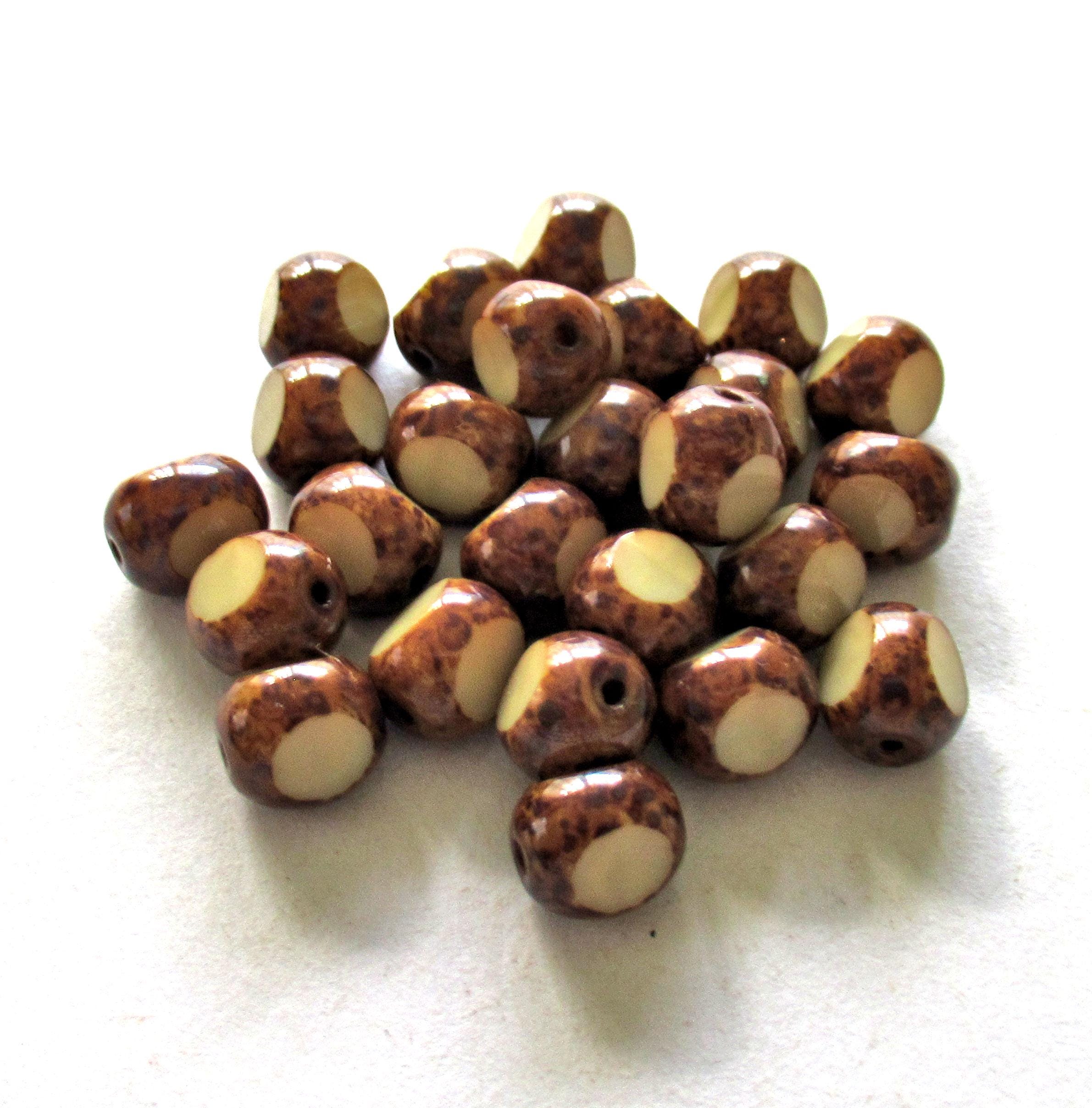 25 Czech glass tri-cut round beads - 8mm - off white or beige picasso beads - faceted table cut rustic earthy window beads C0099