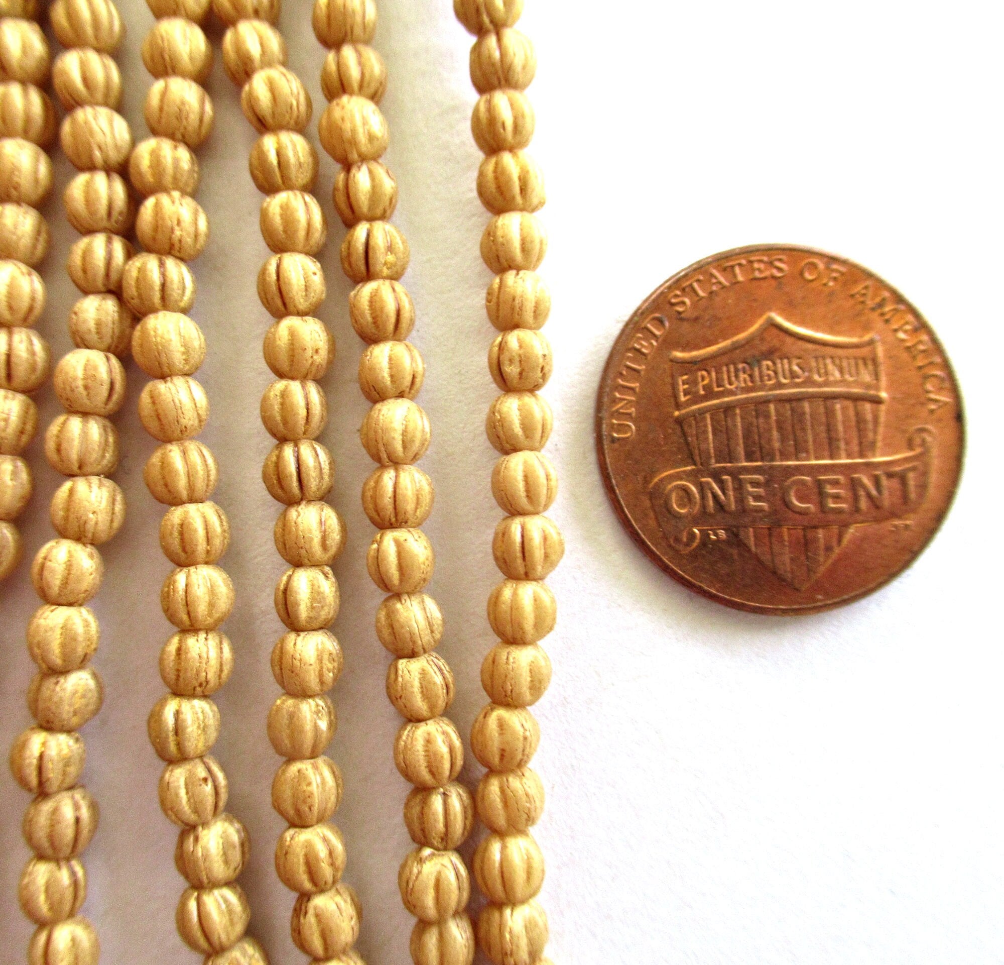 Lot of 100 3mm Czech glass melon beads - opaque beige, yellow / gold Pacifica Ginger pressed glass beads - C00101