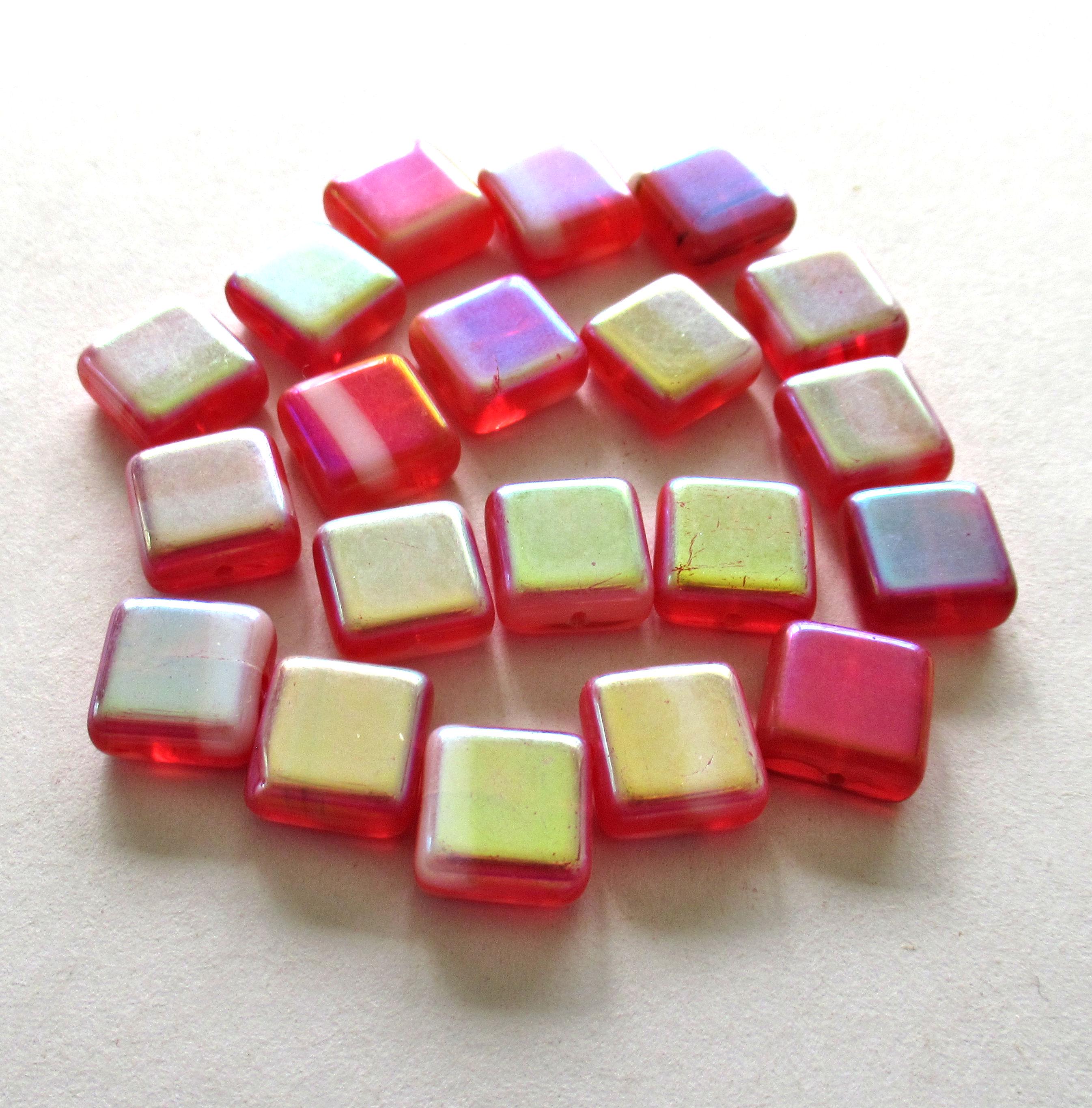 Ten large square Czech glass beads - 11mm - orange & white beads with an iridescent ab finish - C00711