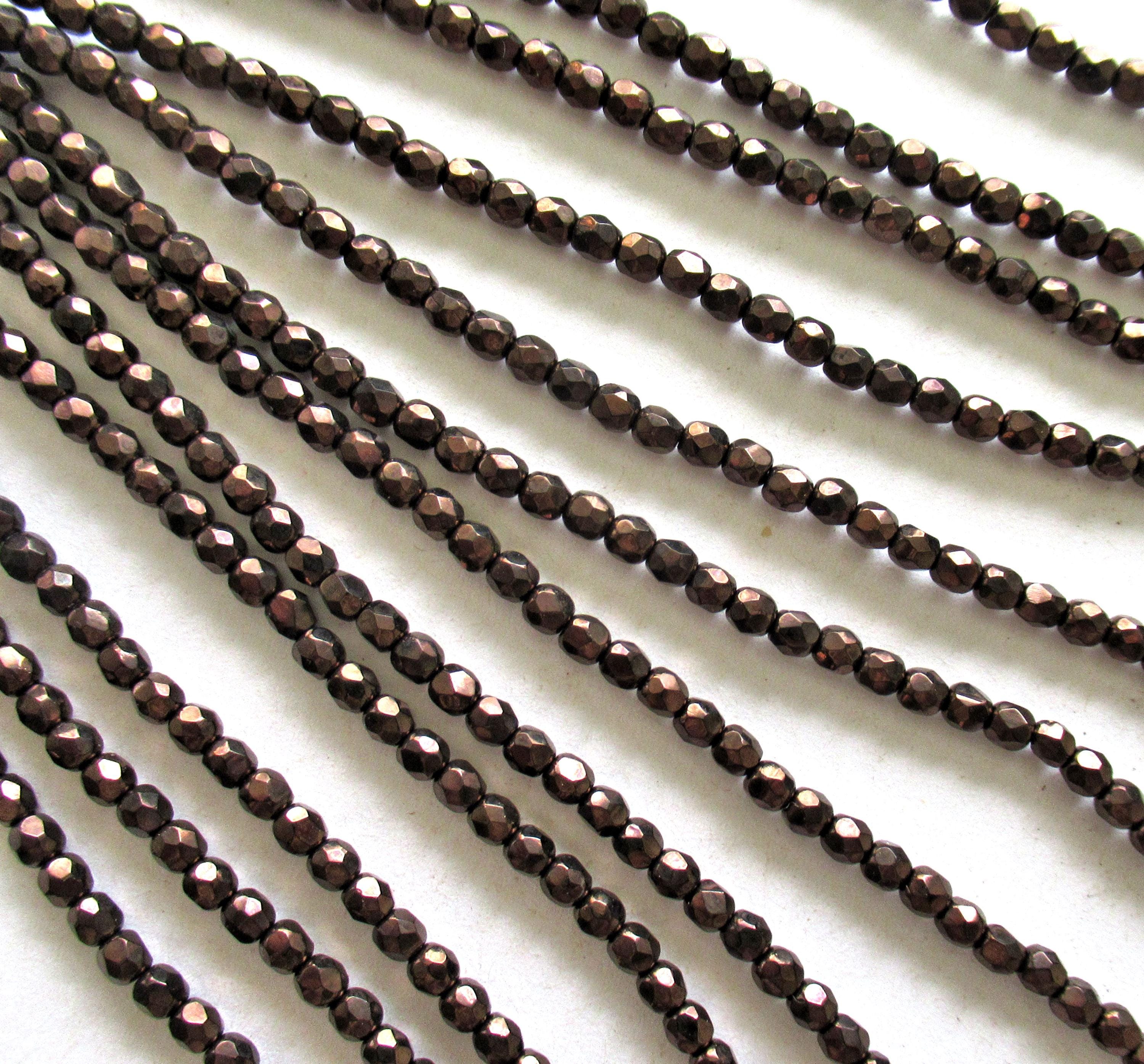 50 3mm Czech glass beads - metallic dark bronze - fire polished faceted round brown beads - C0035