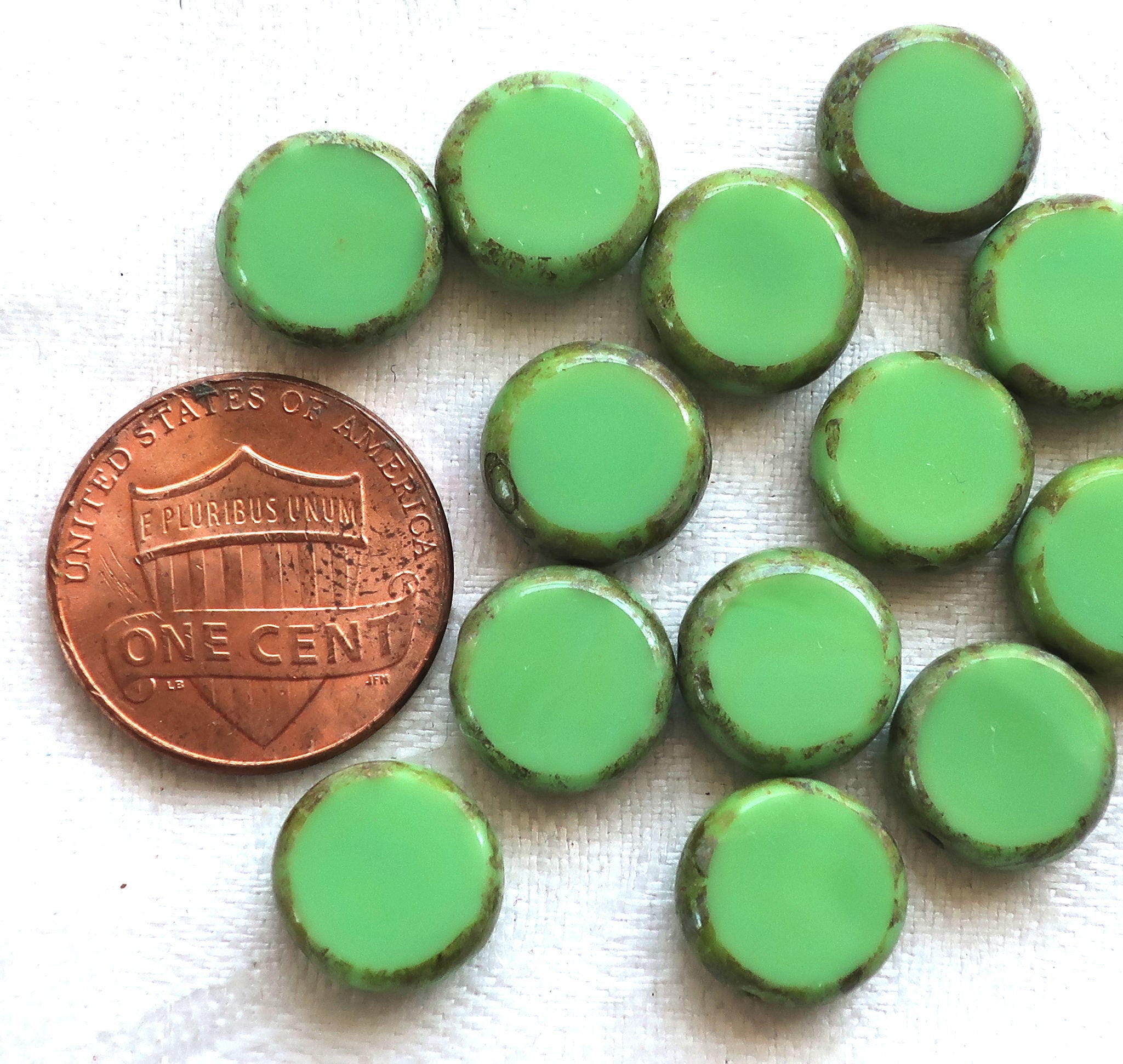 10 Czech glass green coin or disc beads - 11mm flat round beads - opaque light green table cut beads with a picasso finish 02201