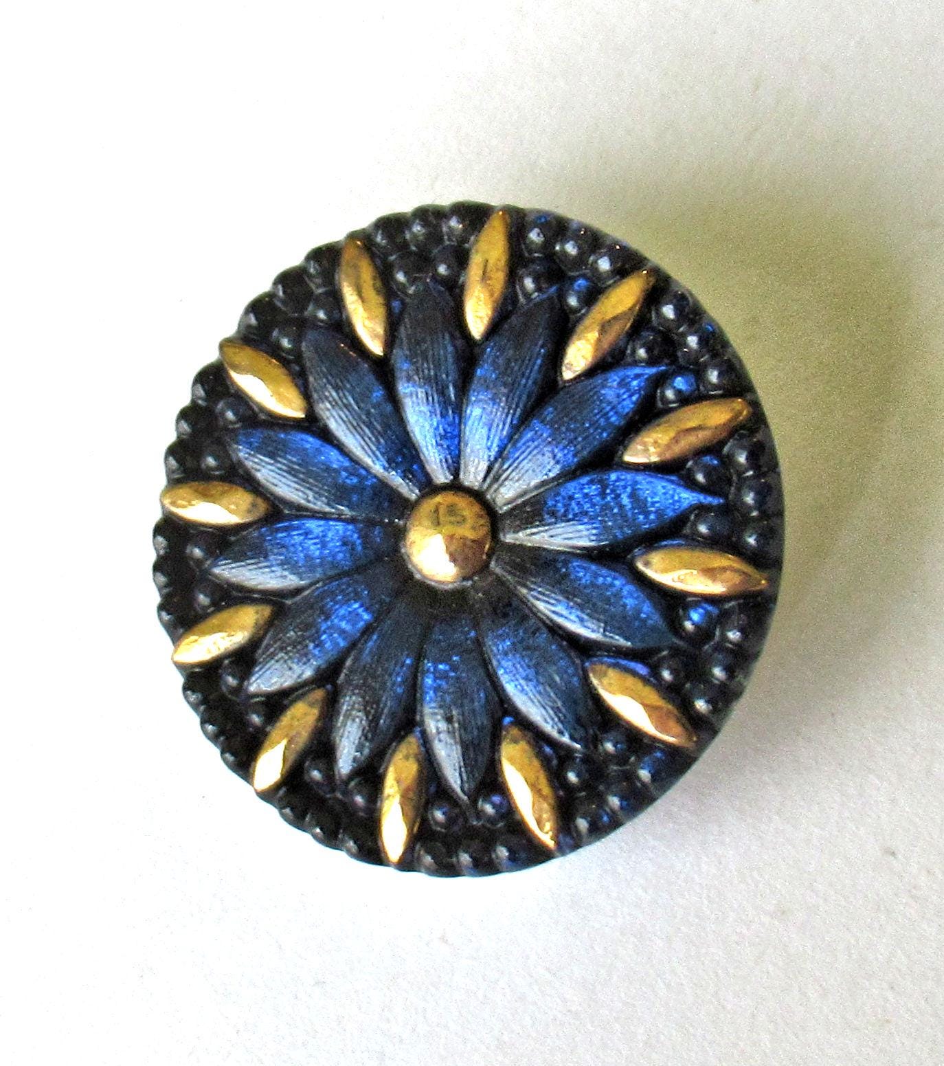 One Czech art glass button - 31mm bright blue flower button with gold accents - decorative floral shank buttons C00054