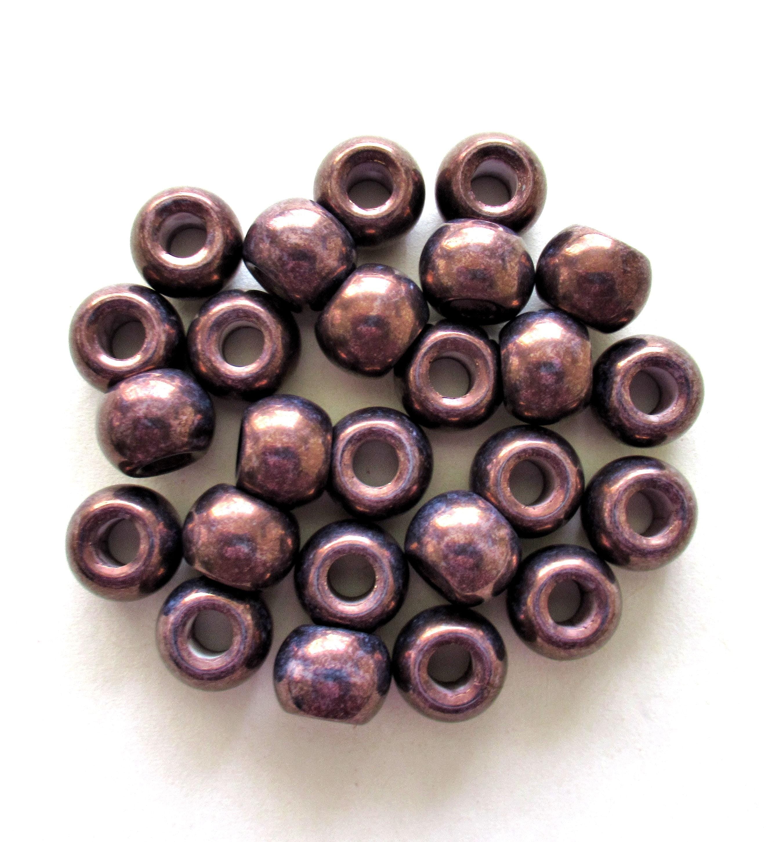 Large big hole round druk beads - 12mm - metallic purple bronze Czech glass druks - large 4mm holes - six pieces - C00401