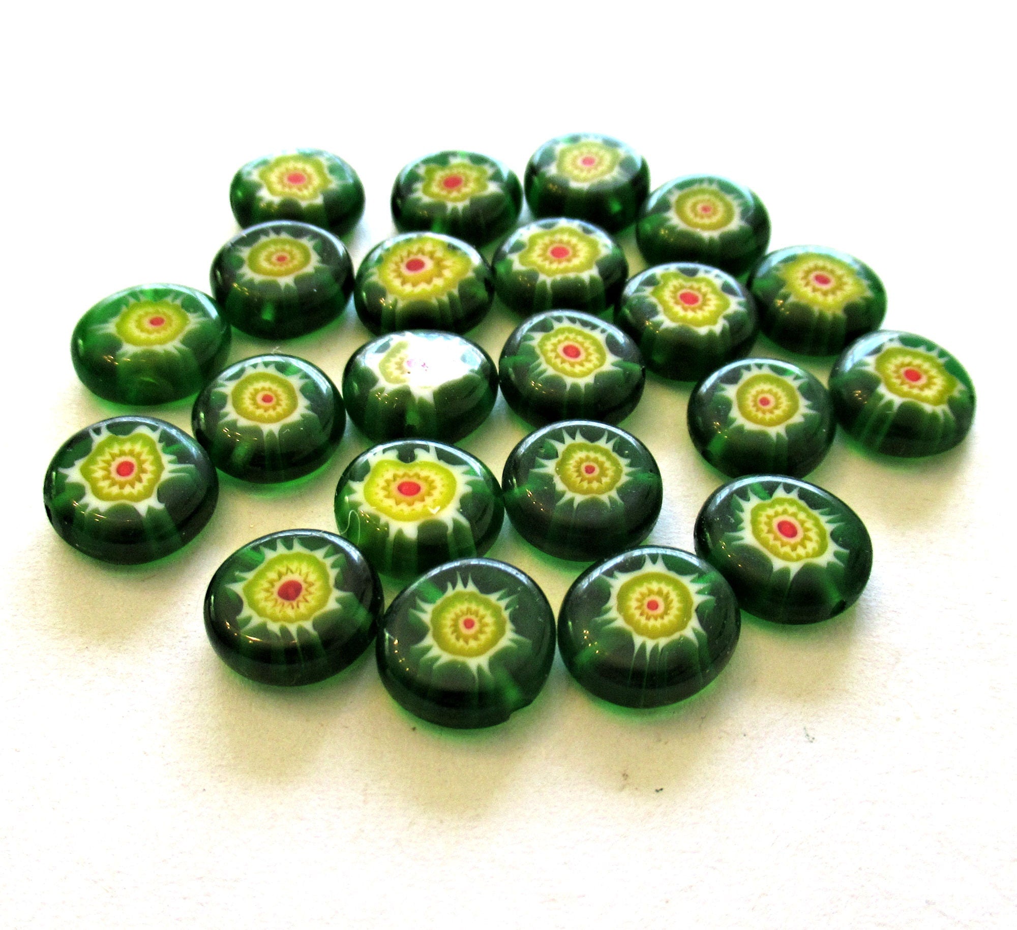Ten 10mm cane or millefiori glass beads - green yellow and red color mix coin or disc beads - C0006