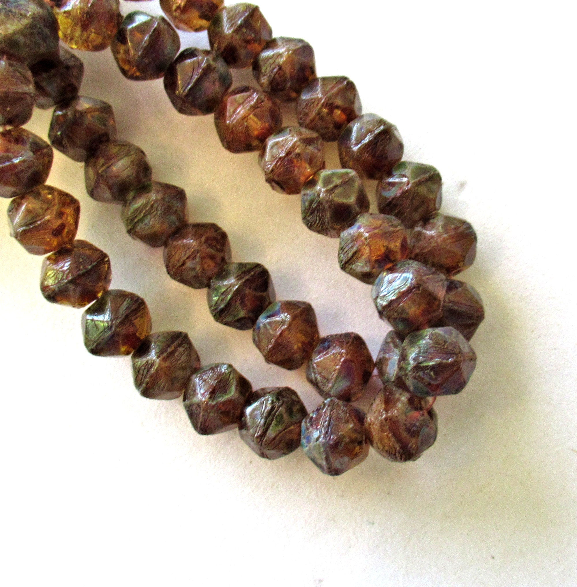 20 8mm Czech glass faceted English cut beads - topaz brown with a full picasso finish - rustic earthy beads - C00051