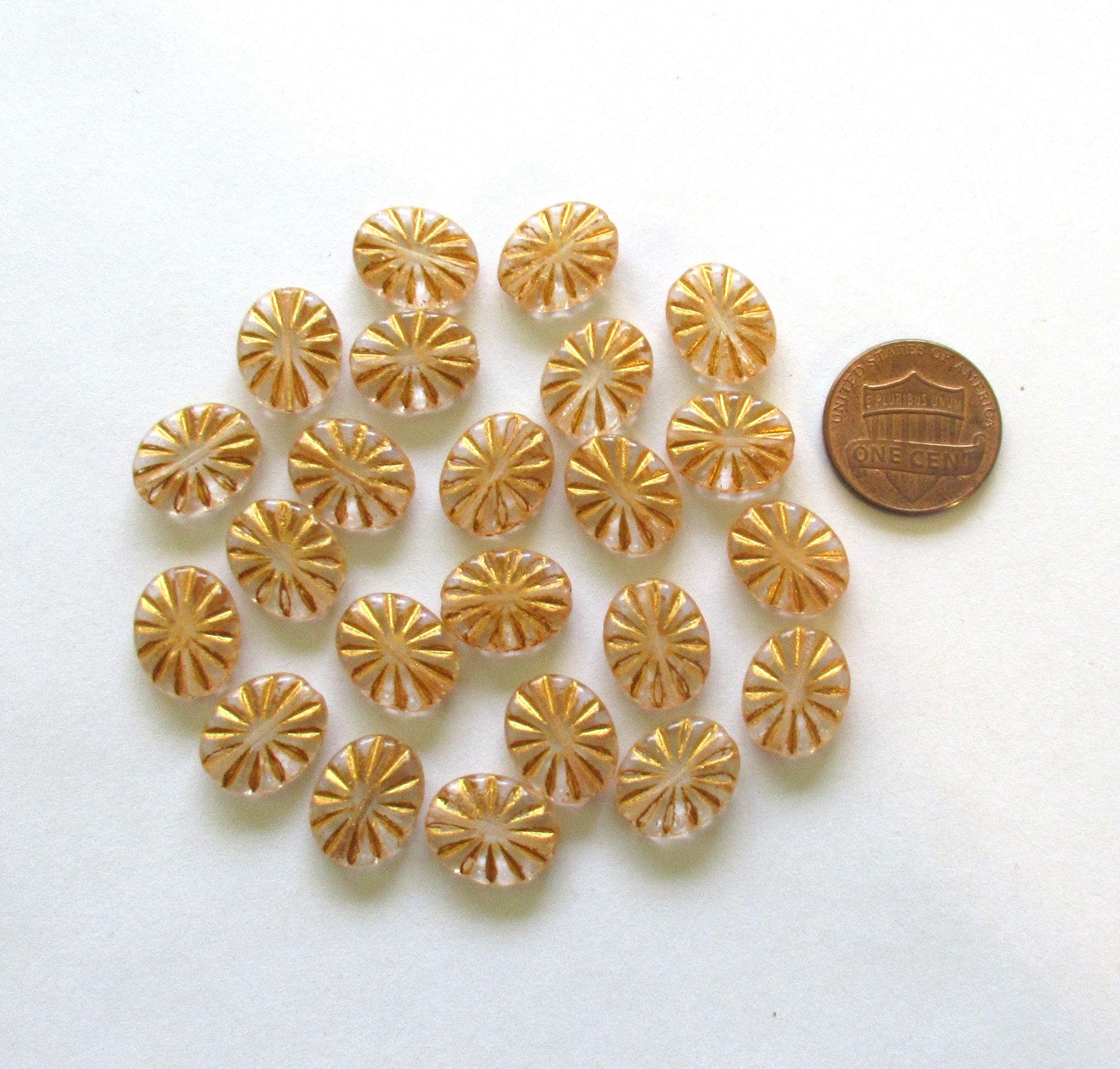 Czech glass oval beads - crystal clear beads with a gold wash - 14mm x 11mm - sun burst pressed glass beads - 8 beads - C0431