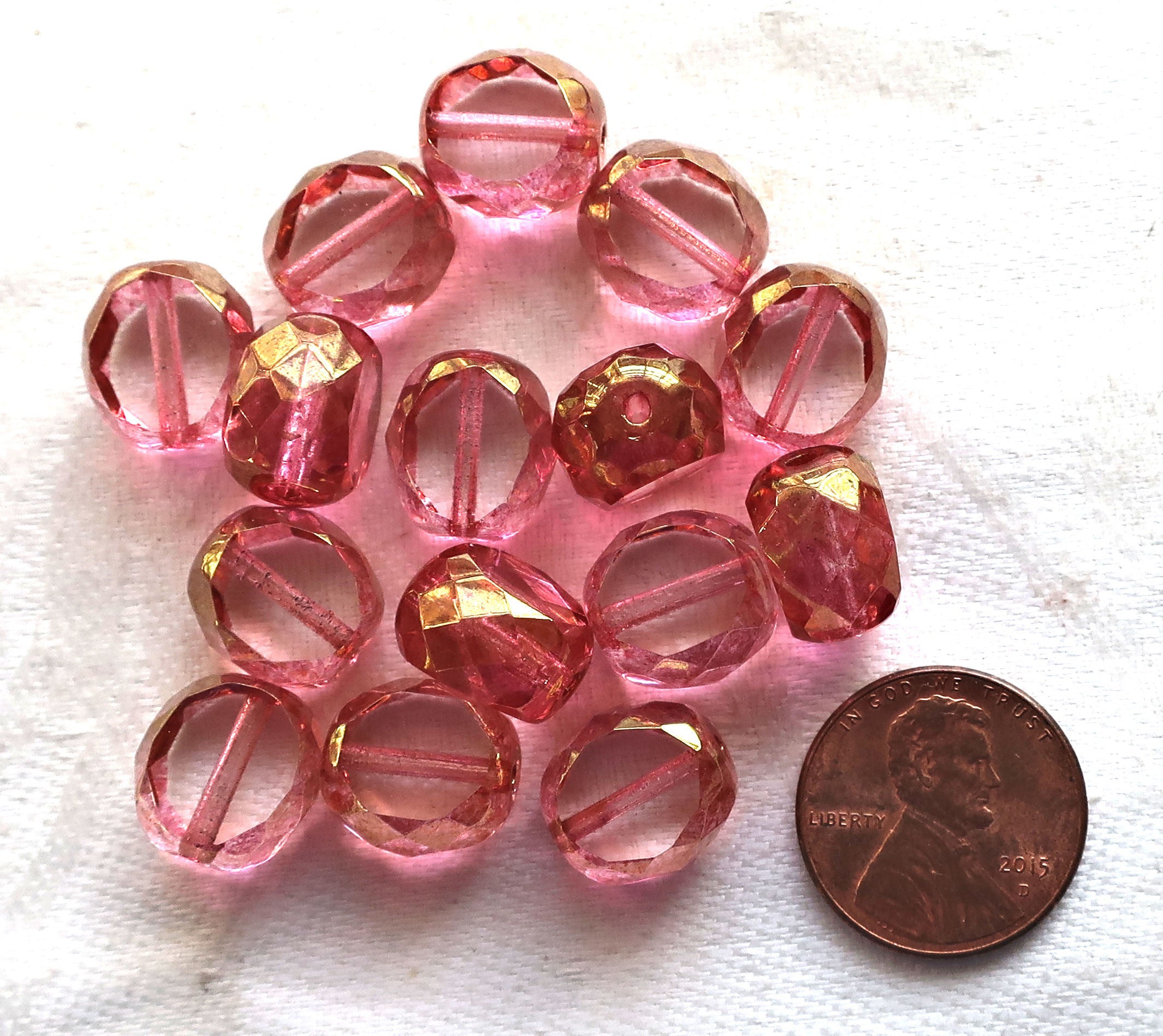 Five 12mm round, dual faceted. table cut Czech glass beads, pink & gold picasso window beads, chunky statement , focal beads 611101