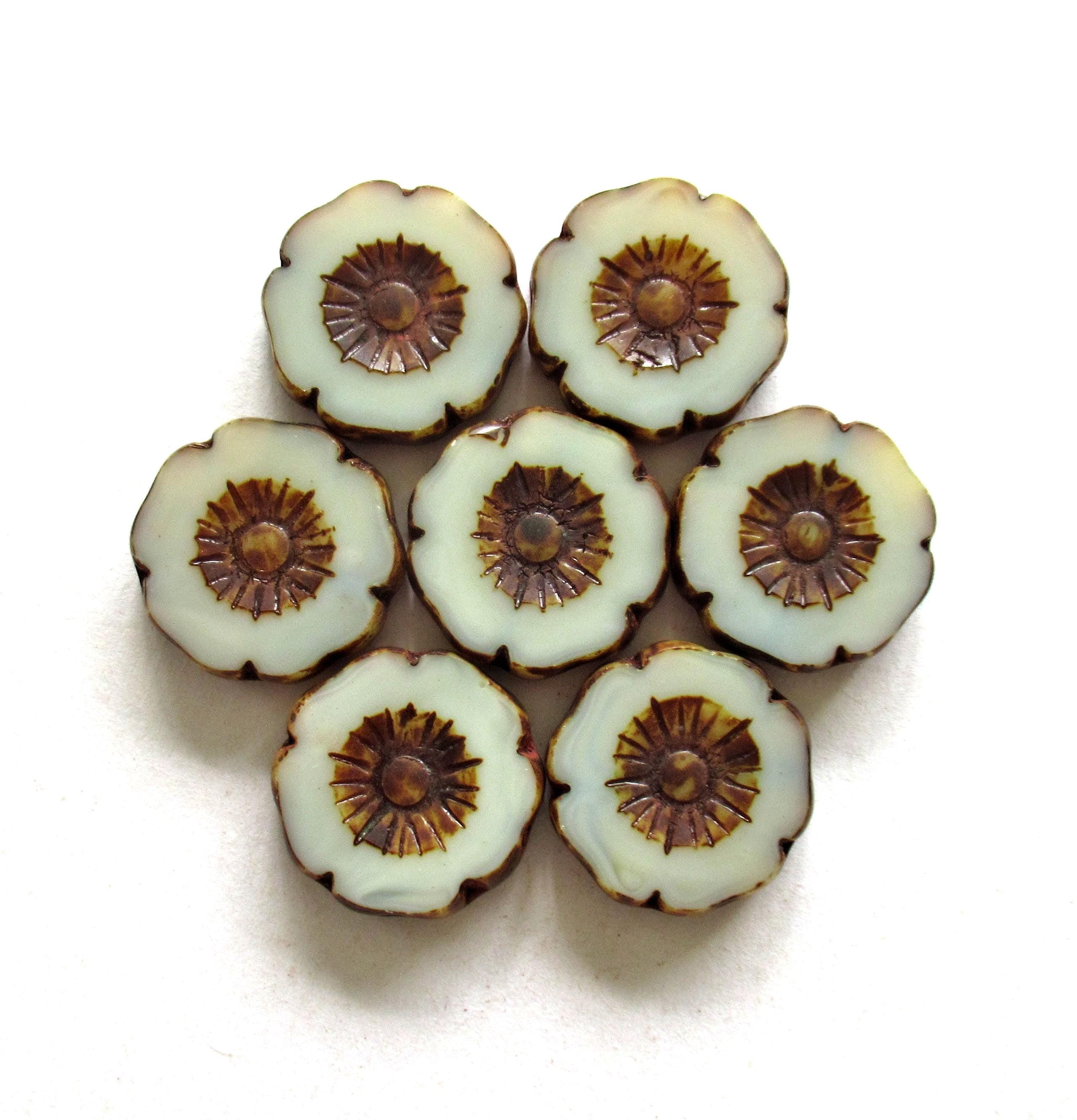 Two large 20mm Czech glass flower beads - marbled white picasso beads - table cut Hawaiian hibiscus focal or statement beads - 00061