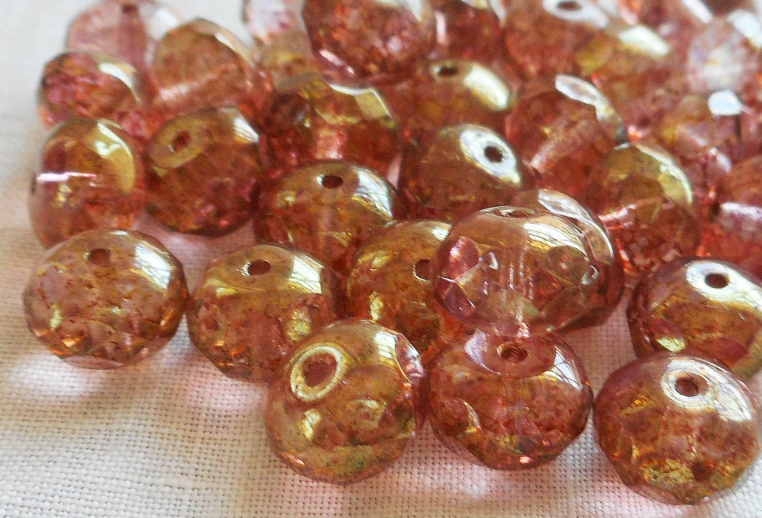 Lot of 25 Lumi Pink Picasso puffy rondelles , 6 x 9mm faceted Czech glass rondelle beads C91101