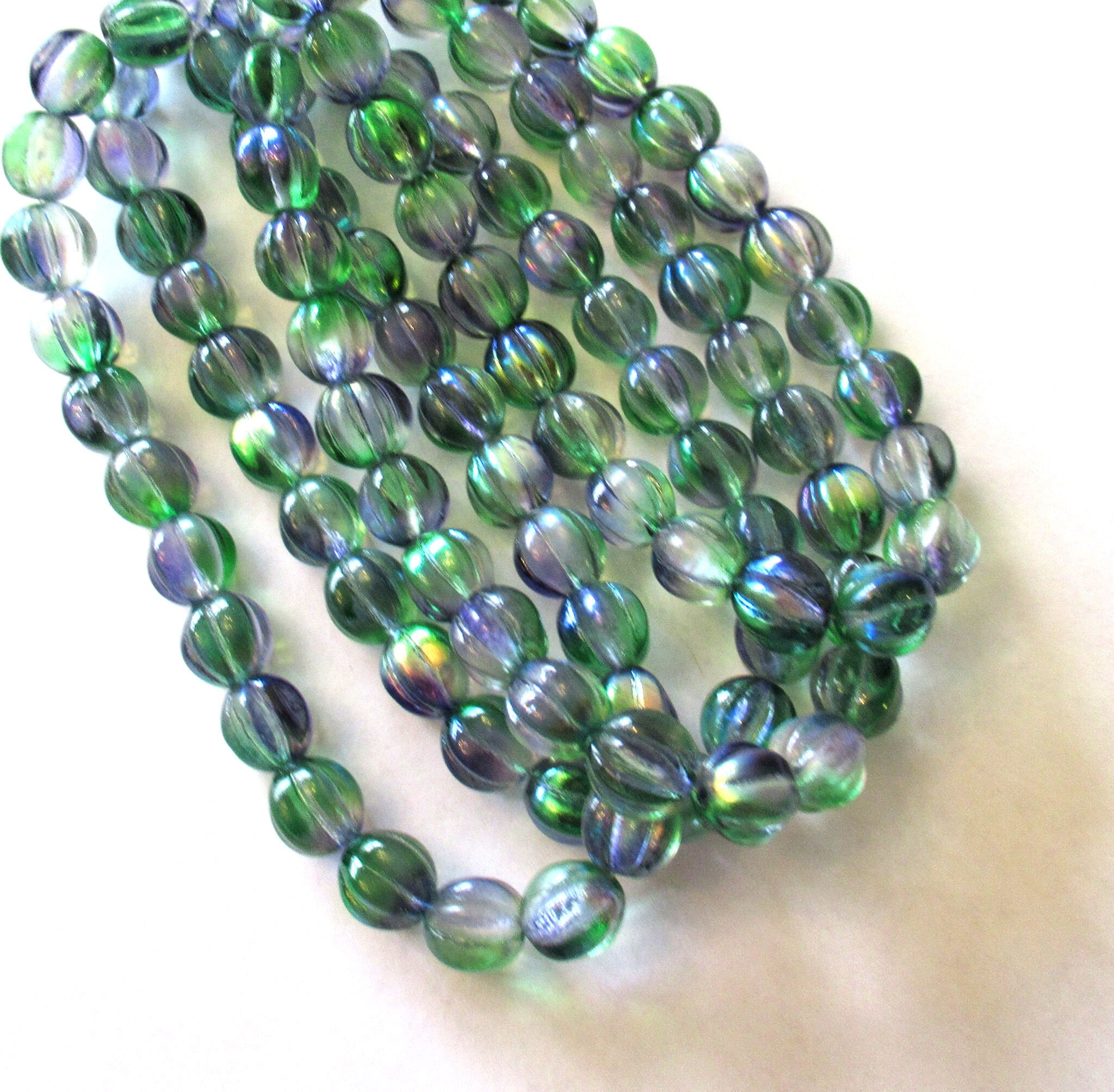 Ten 10mm Czech glass melon beads - green & purple mix pressed glass beads - C0049