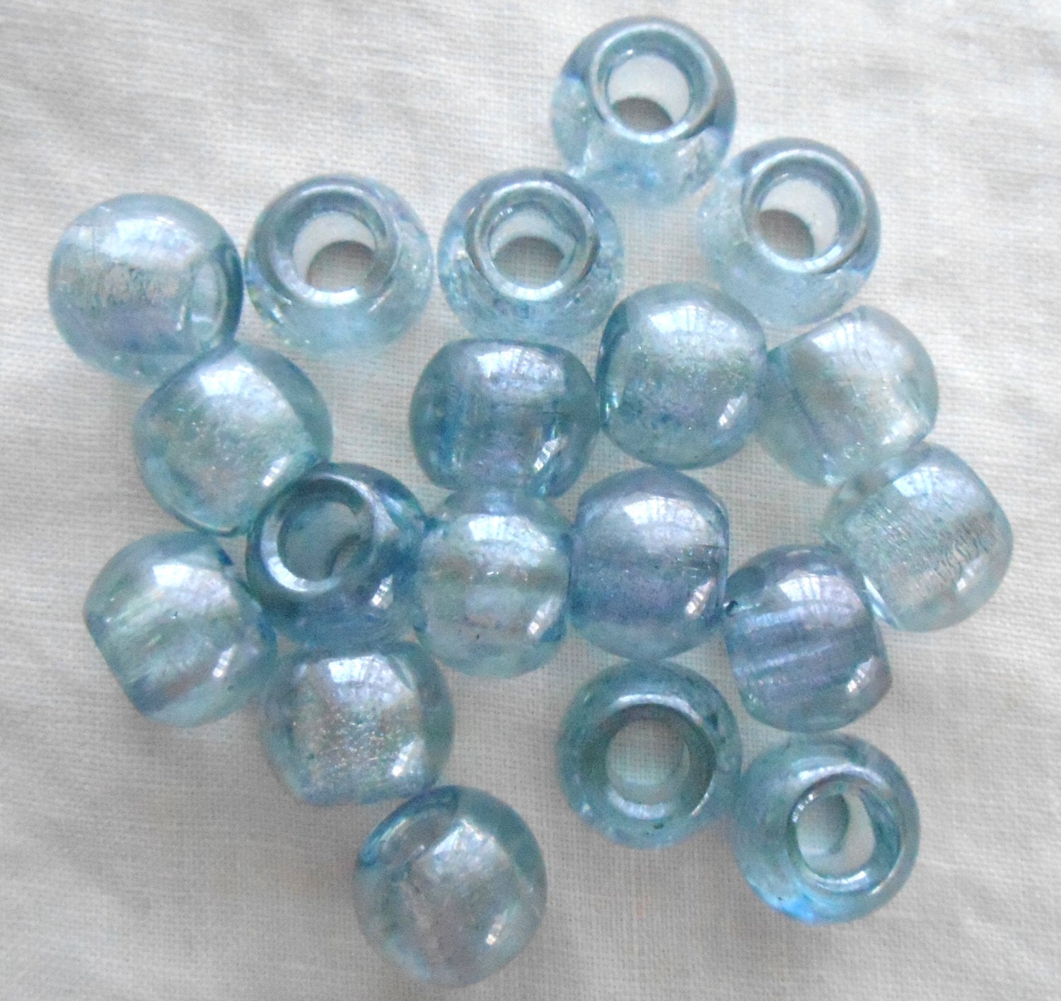 Six 12mm round Lumi Blue iridescent large glass big hole druk beads, 4.5mm holes, C4801