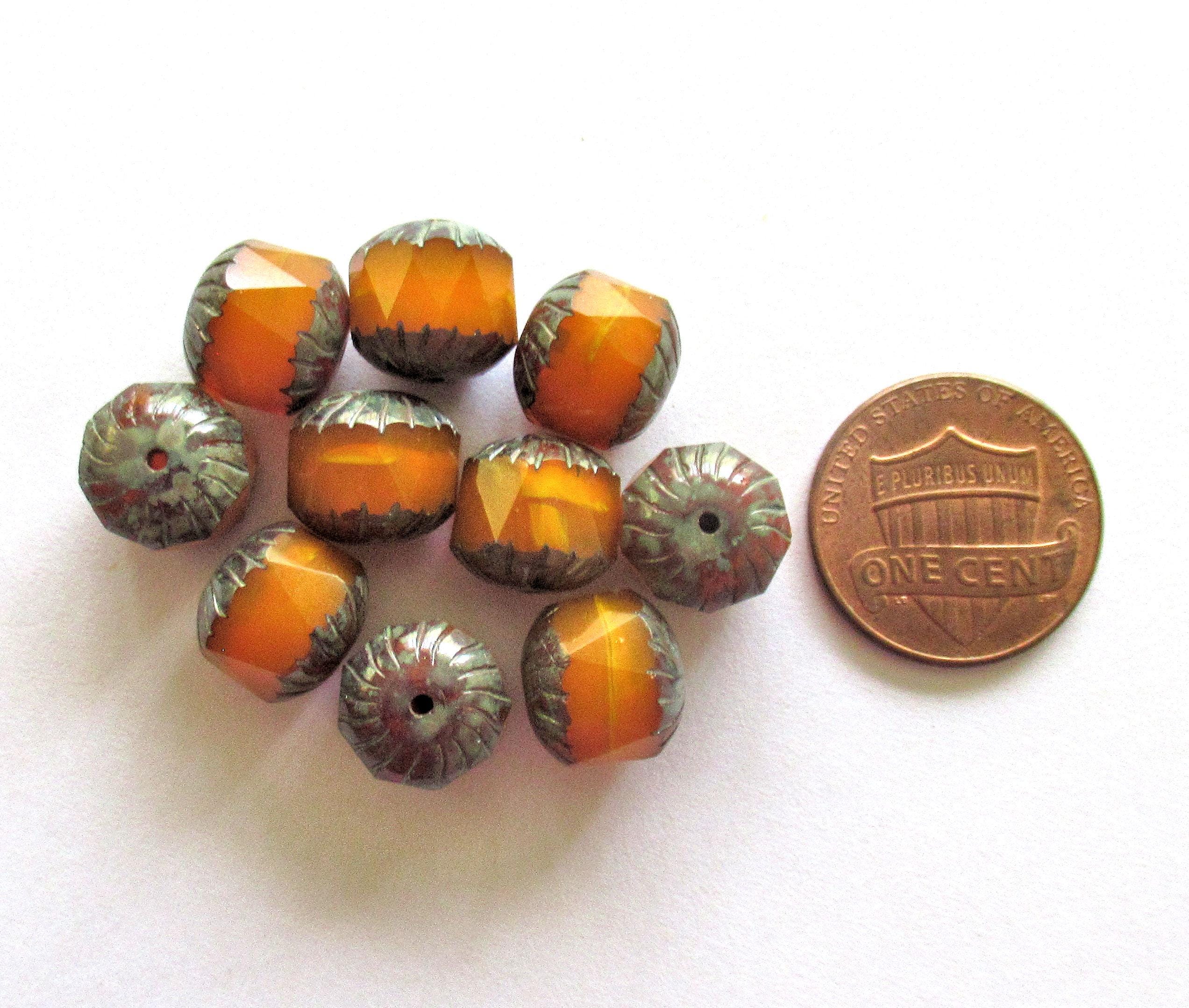 Ten large Czech glass center faceted carved cruller beads - 10mm - round pumpkin orange opal cathedral beads with picasso accents - 00005