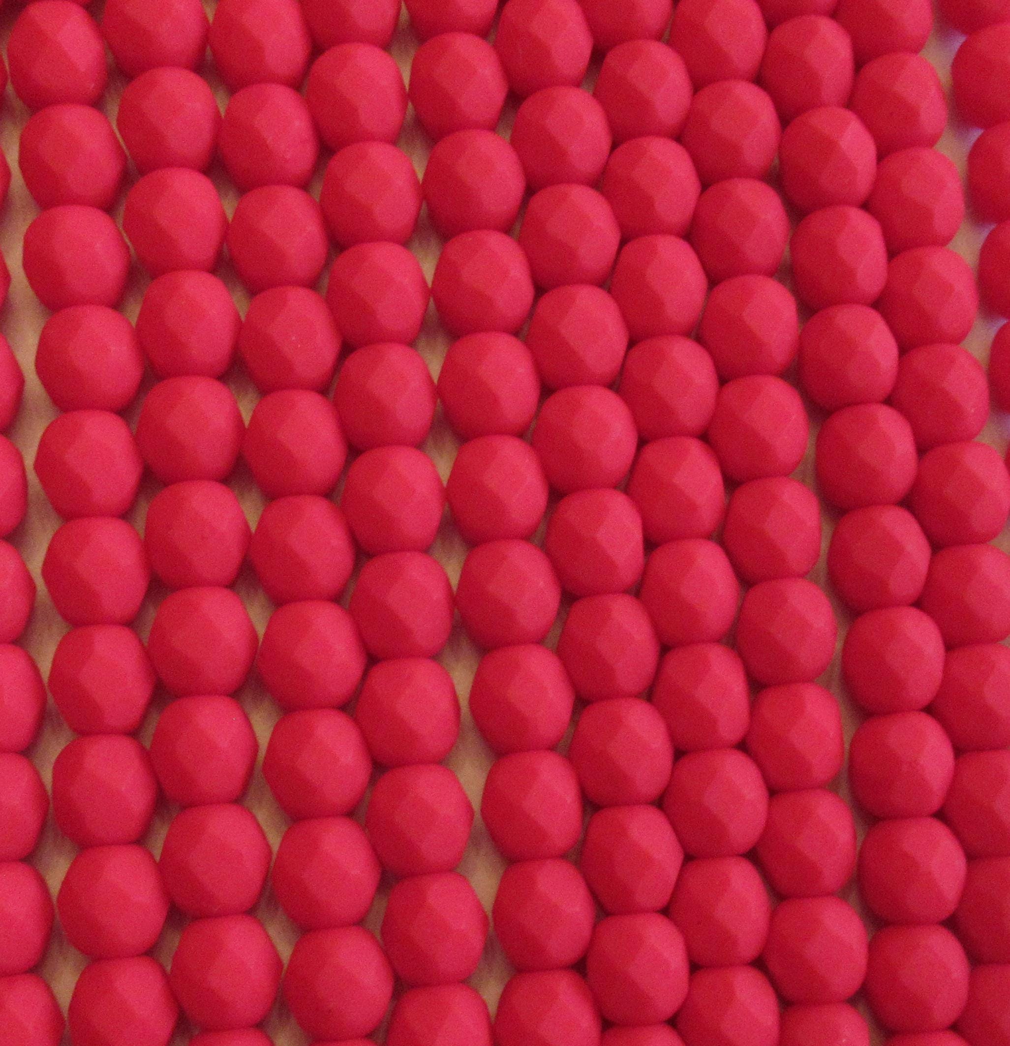 25 6mm Czech glass faceted red beads - opaque Saturated Red matte beads - fire polished round beads - C0016