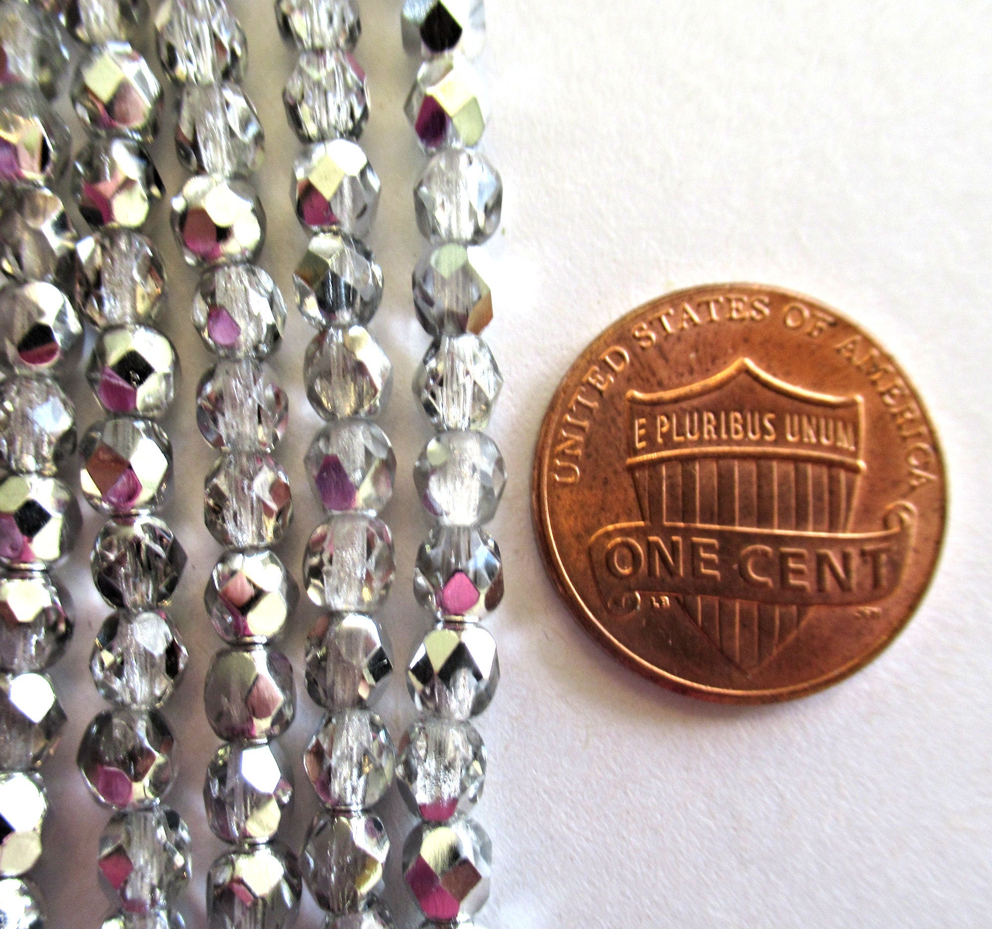 Fifty 4mm half silver Czech glass beads - silver & crystal fire polished, faceted round beads C0046