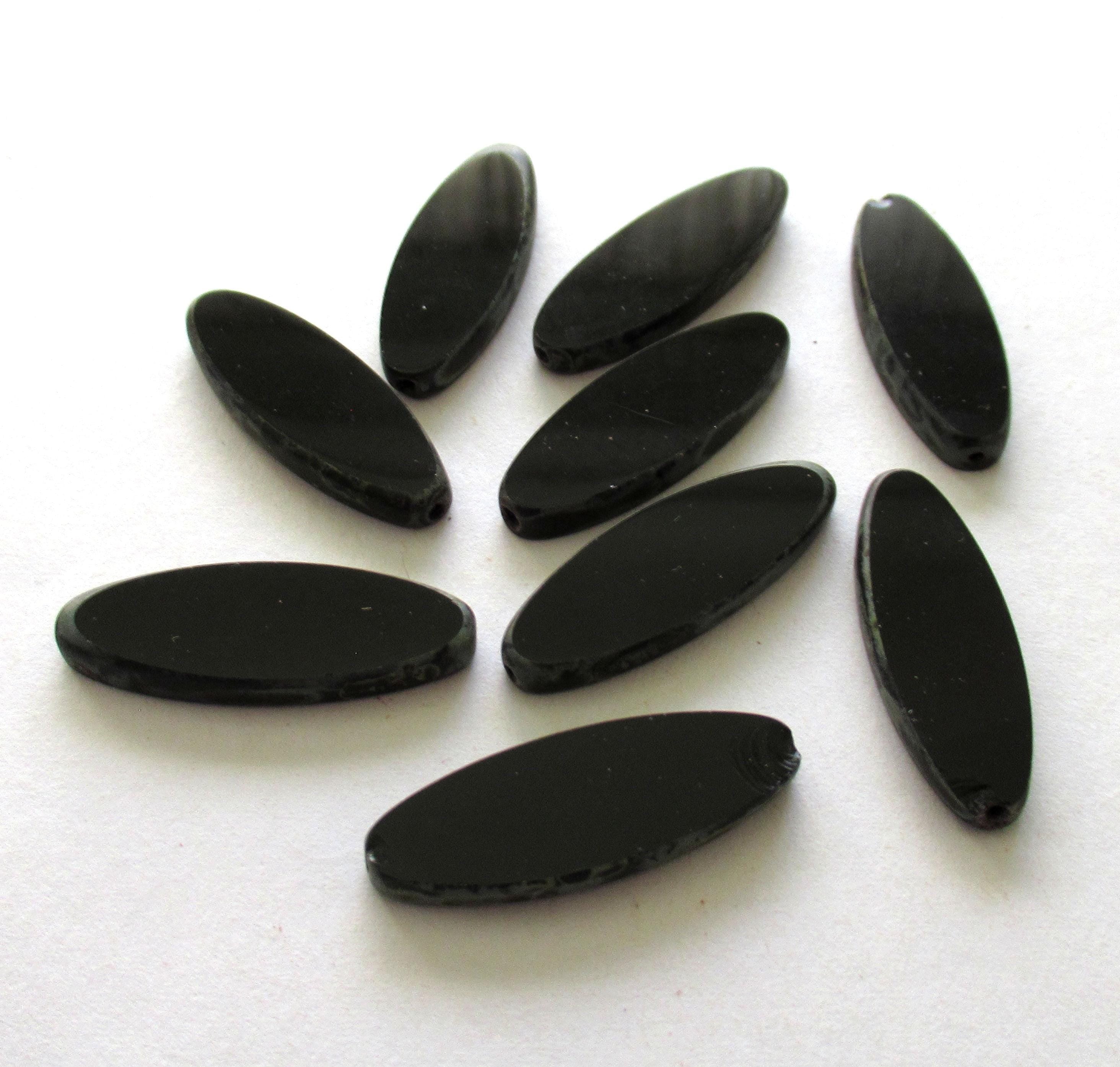 5 large Czech glass spindle beads - opaque jet black picasso - 30 x 11mm jumbo size - table cut almond shaped beads - C0201