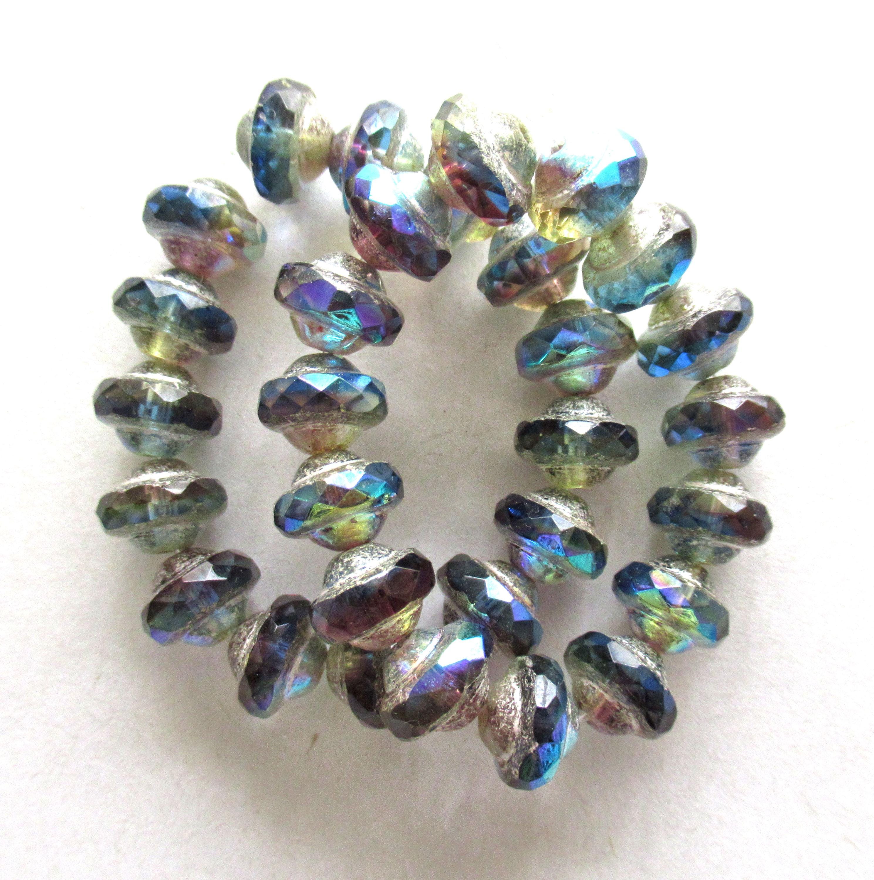 15 Czech glass mini saturn / saucer beads - 6 x 8mm blue & purple / amethyst ab color mix with a silver ab picasso finish C5842