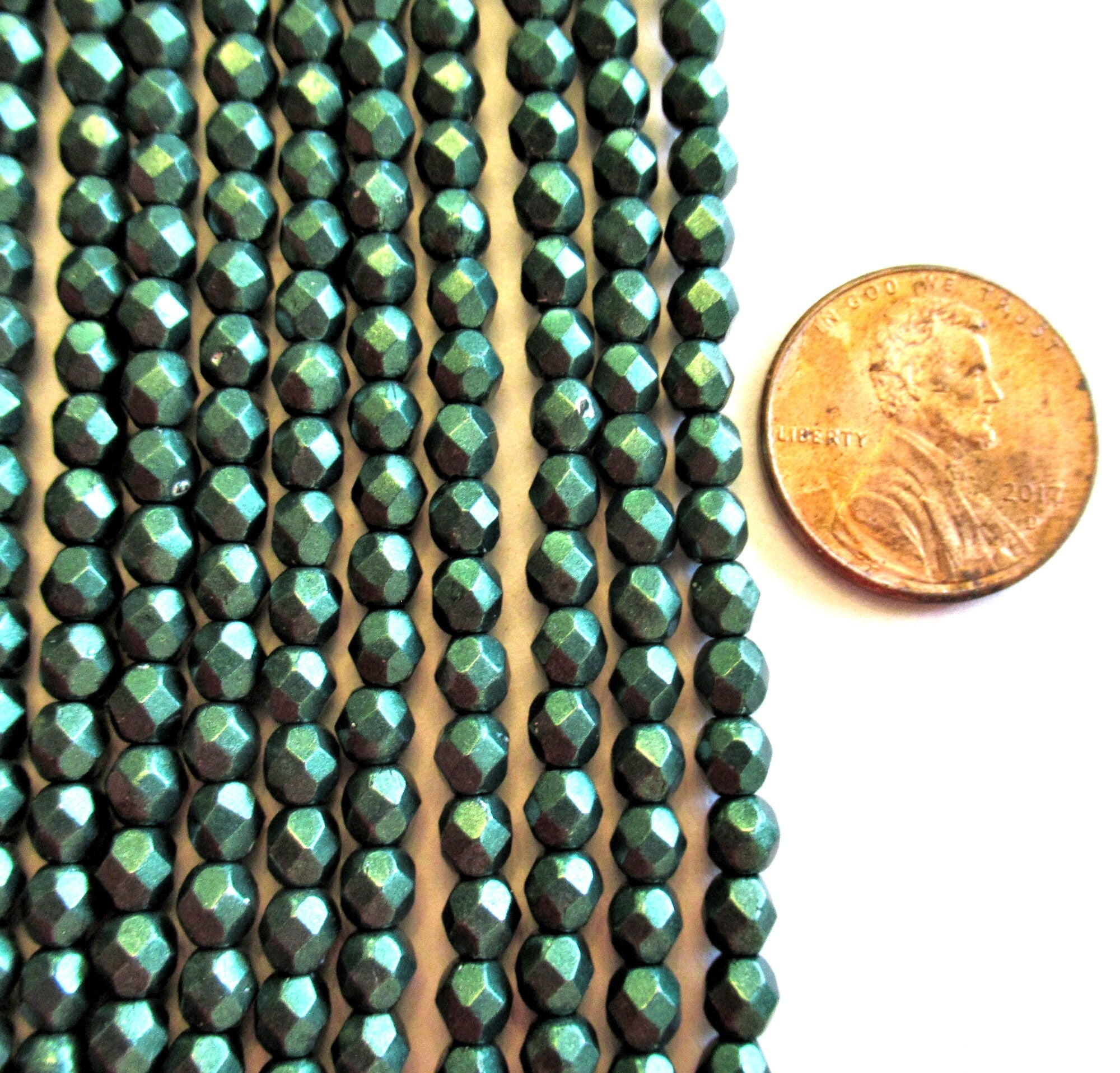 50 4mm Czech lass beads - saturated metallic martini olive green - round, faceted fire polished beads C0044