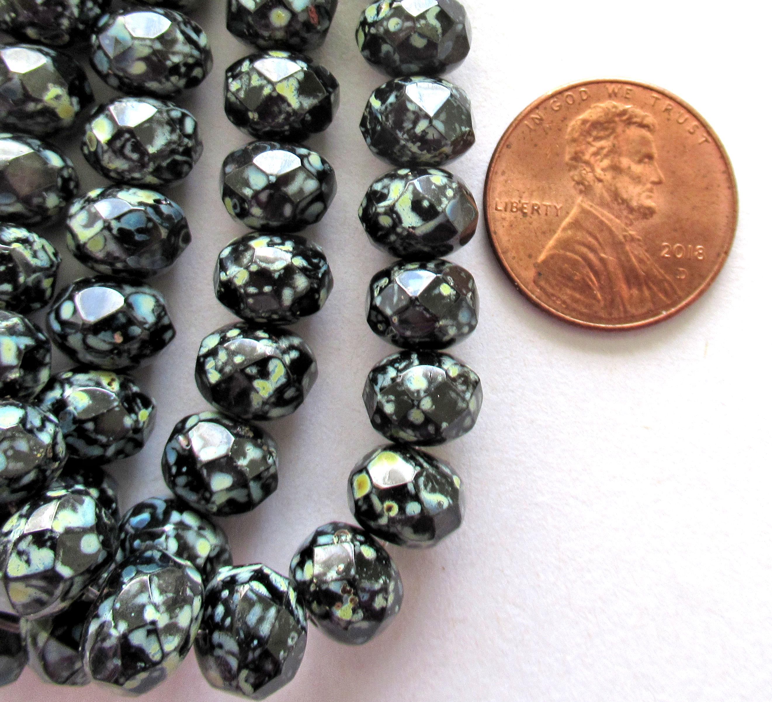 25 Czech glass puffy rondelles - 6 x 8mm jet black with a full picasso coat - faceted fire polished donut beads - C00591