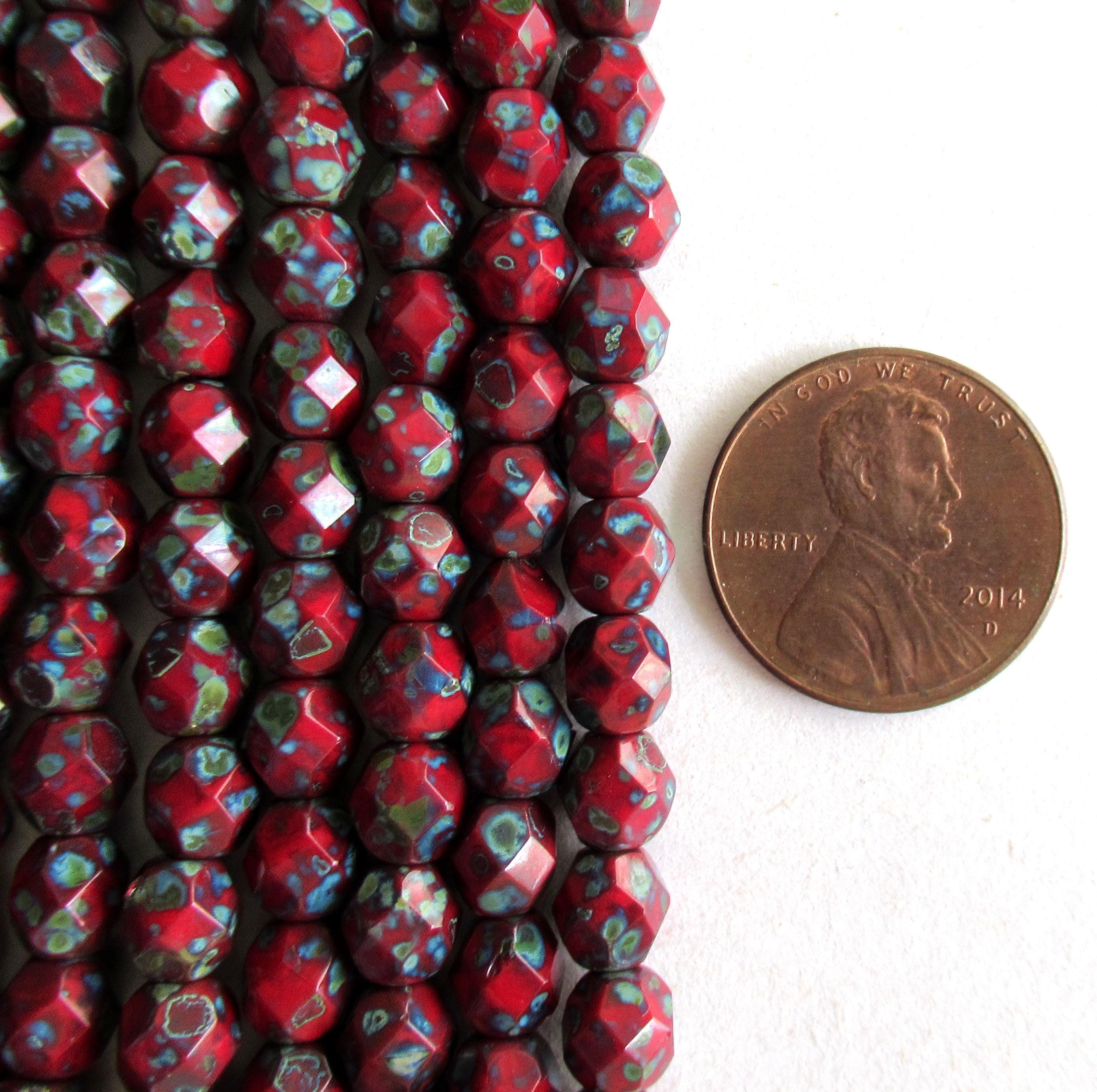 25 6mm - Czech glass faceted beads - opaque red w/ full picasso coat - earthy - rustic - fire polished - round beads C0065
