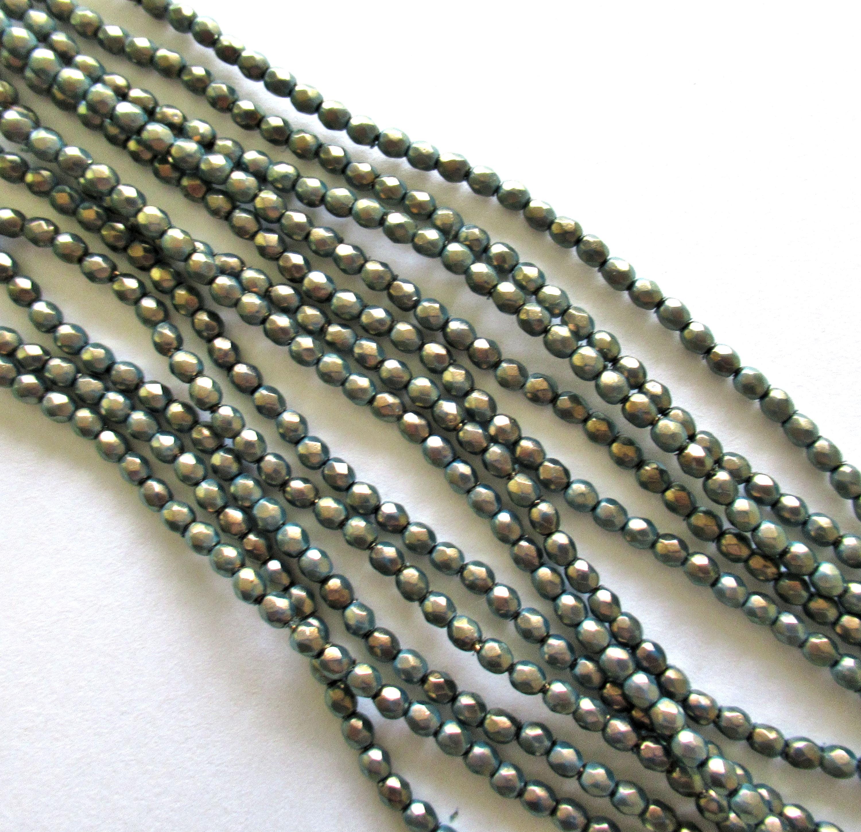 Fifty 3mm Czech glass beads - Halo Ethereal Azurite - opaque blue beads w/ gold finish - fire polished faceted round beads - C0087