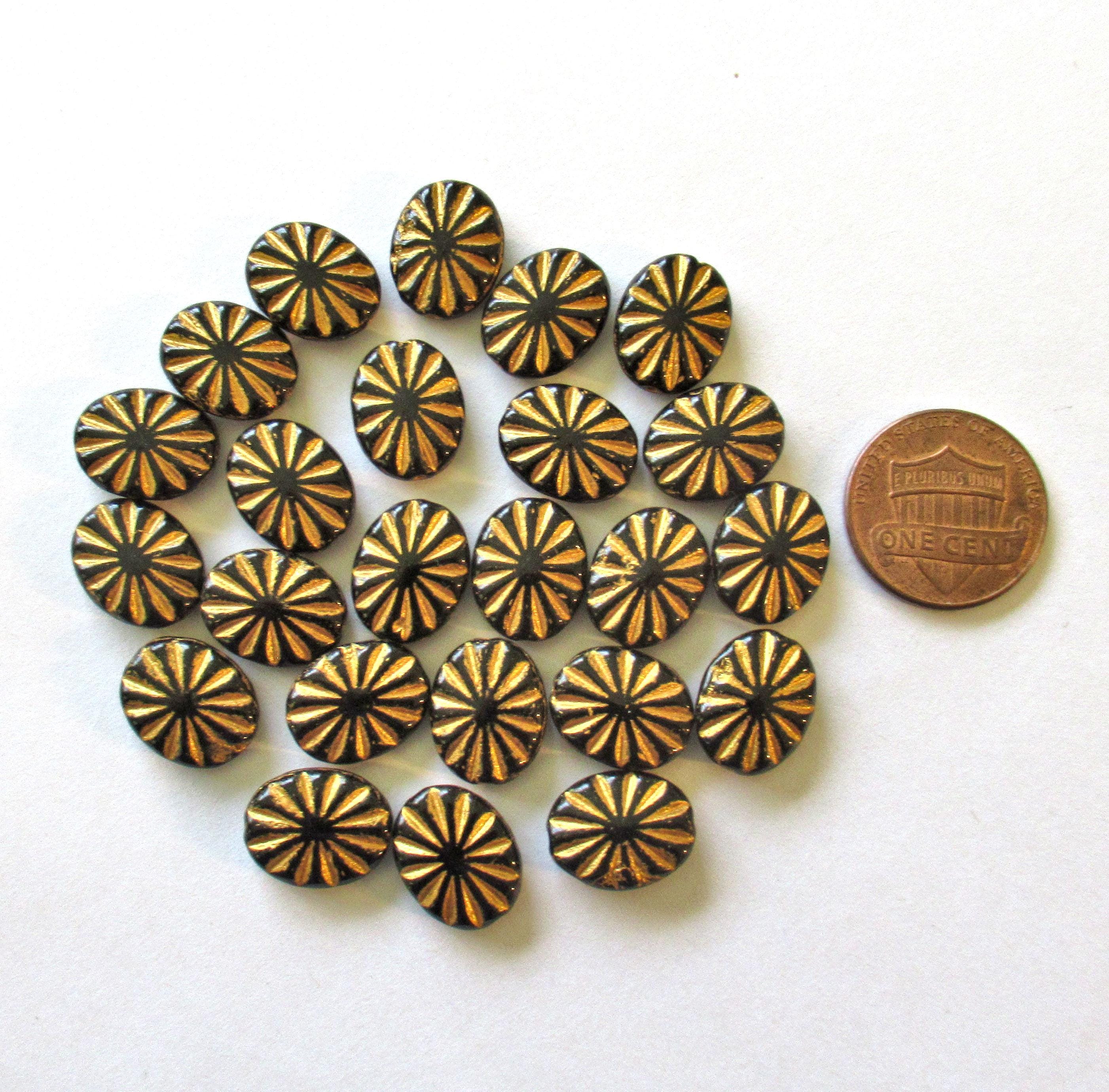 Czech glass oval beads - black beads with a gold wash - 14mm x 11mm - sun burst pressed glass beads - 8 beads - C0431