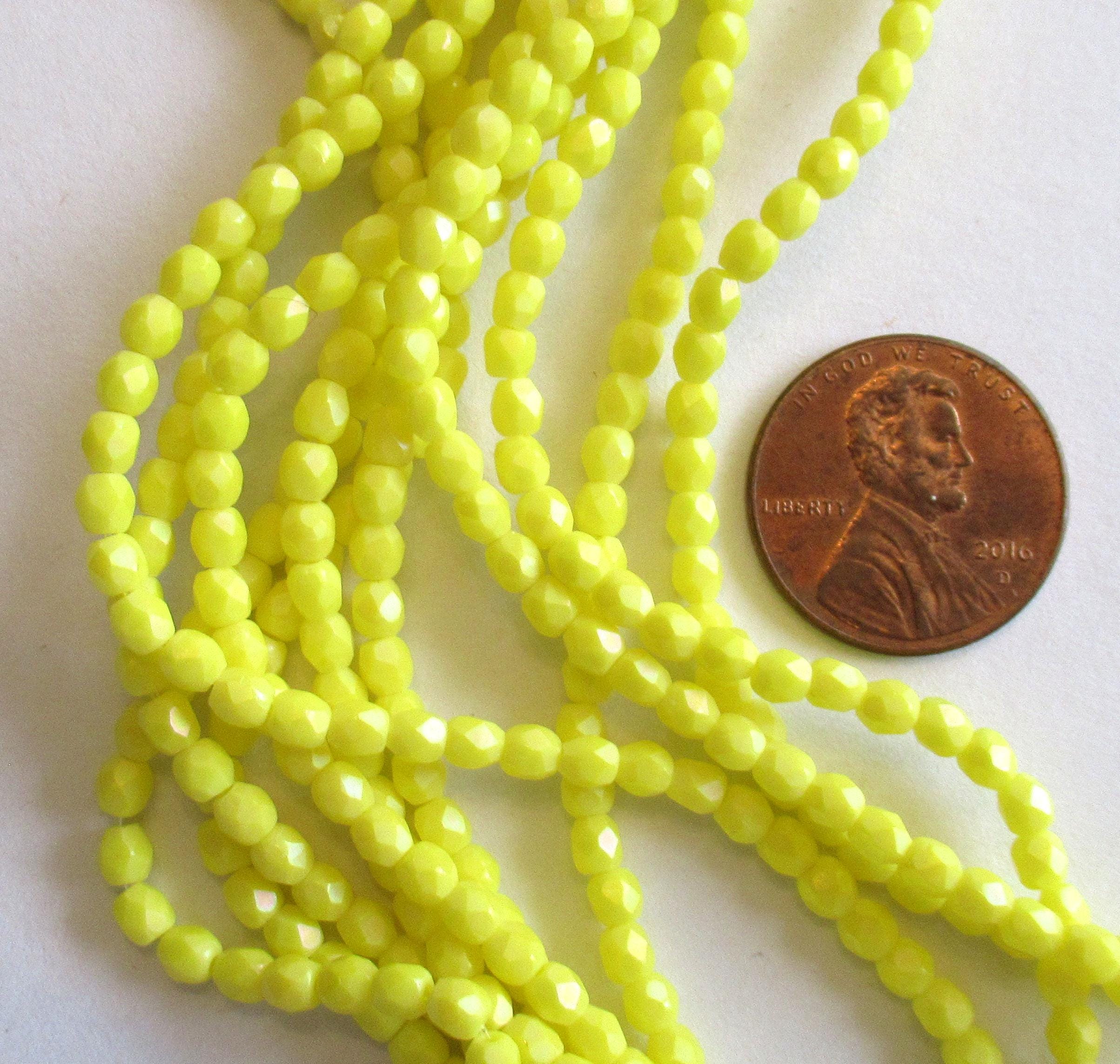 50 3mm Czech glass yellow beads - opaque bright yellow - Matte Luster Iris Custard - fire polished faceted round beads - C0055
