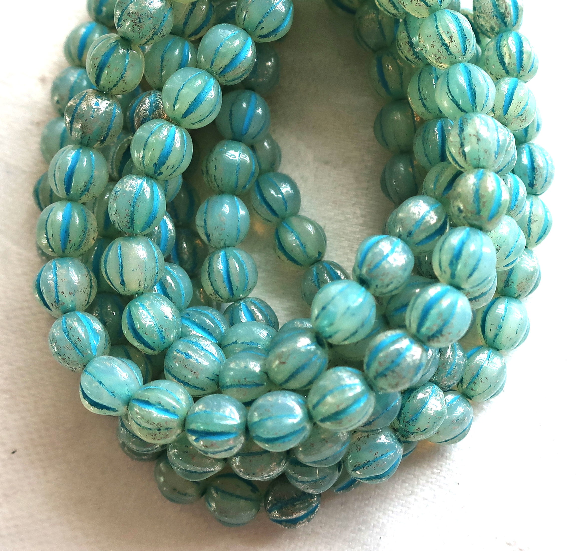 25 Striped aqua blue mercury melon beads, 6mm pressed Czech glass beads C0901