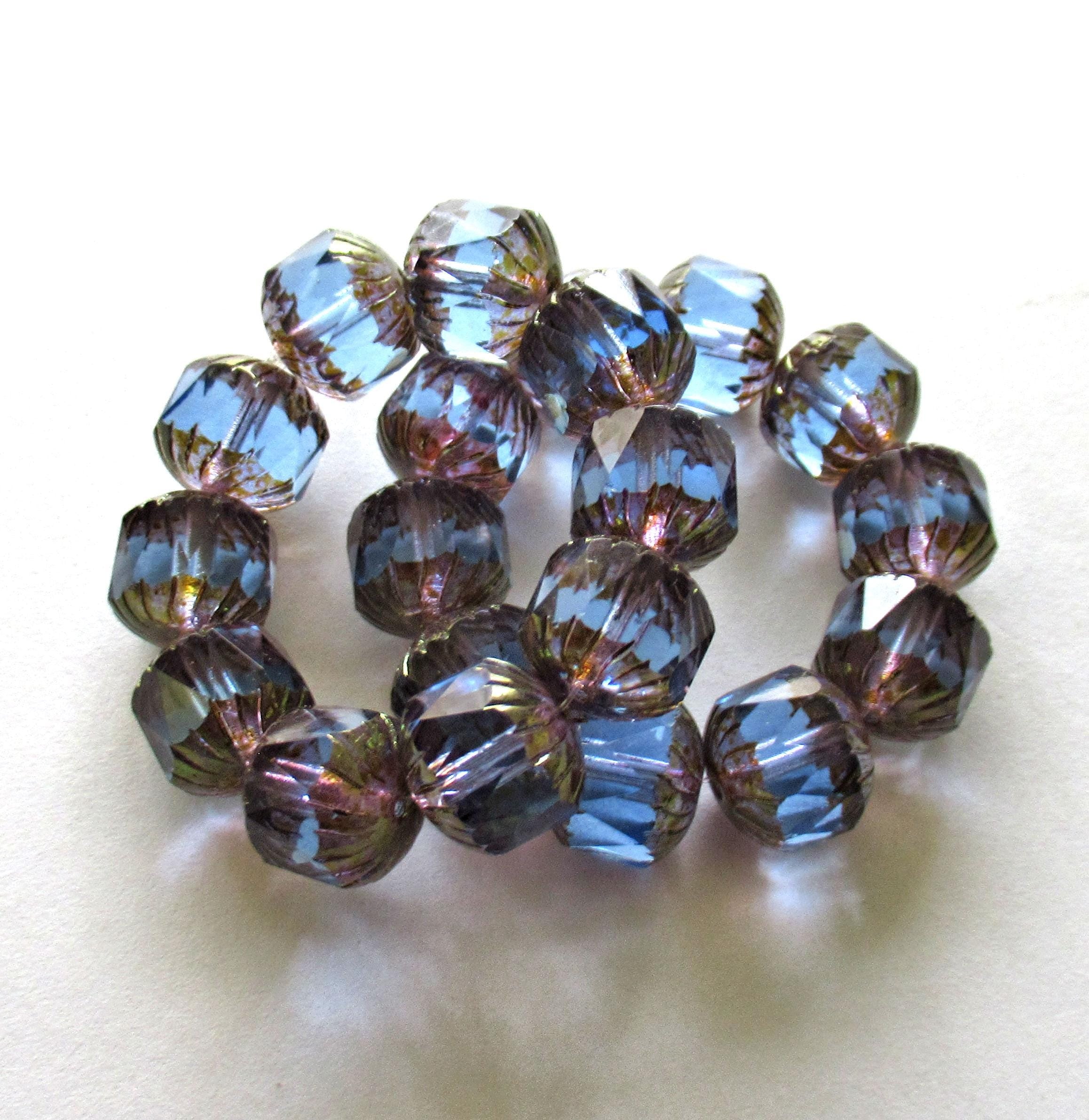 Ten large Czech glass center faceted carved cruller beads - 10mm - round light sapphire blue cathedral beads bronze picasso accents - 00064