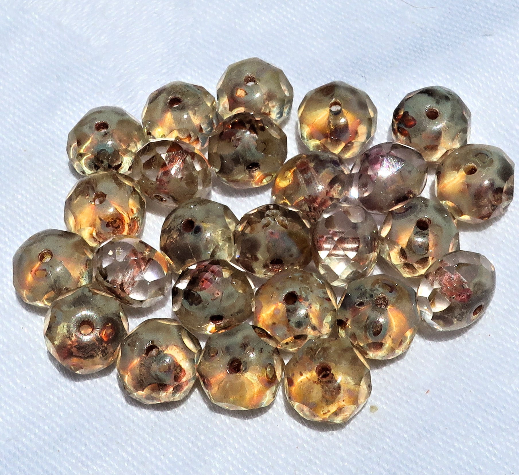 Lot of 25 Czech glass puffy rondelle beads - transparent crystal picasso - 6 x 8mm - neutral, rustic, earthy faceted rondelles 25201