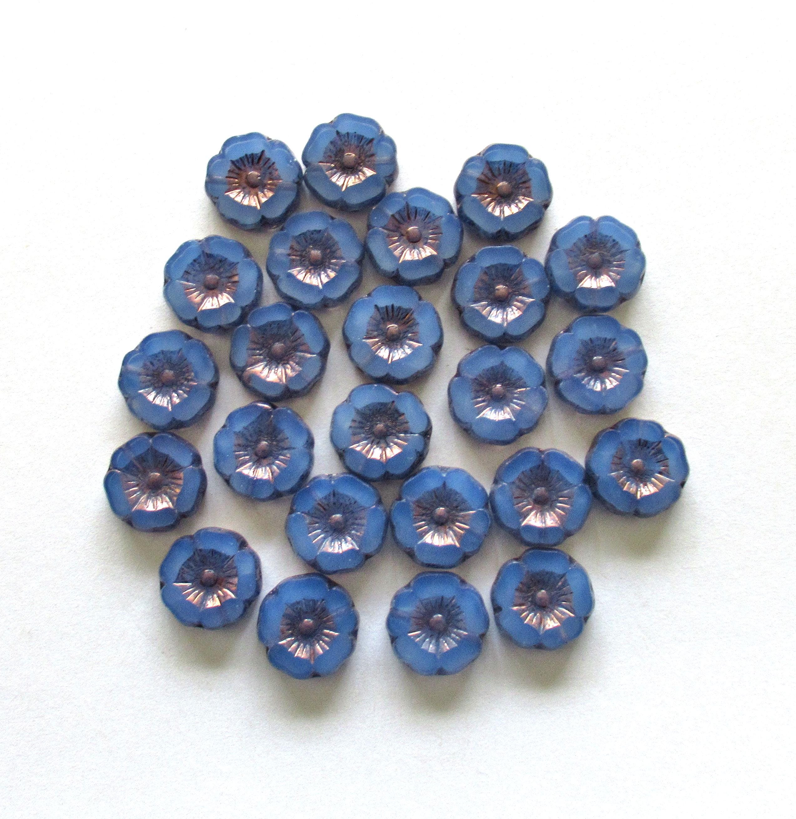 Czech glass flower beads - 12mm - milky blue opal w/ purple bronze accents - table cut carved - Hawaiian hibiscus flowers - 8 beads - C0822