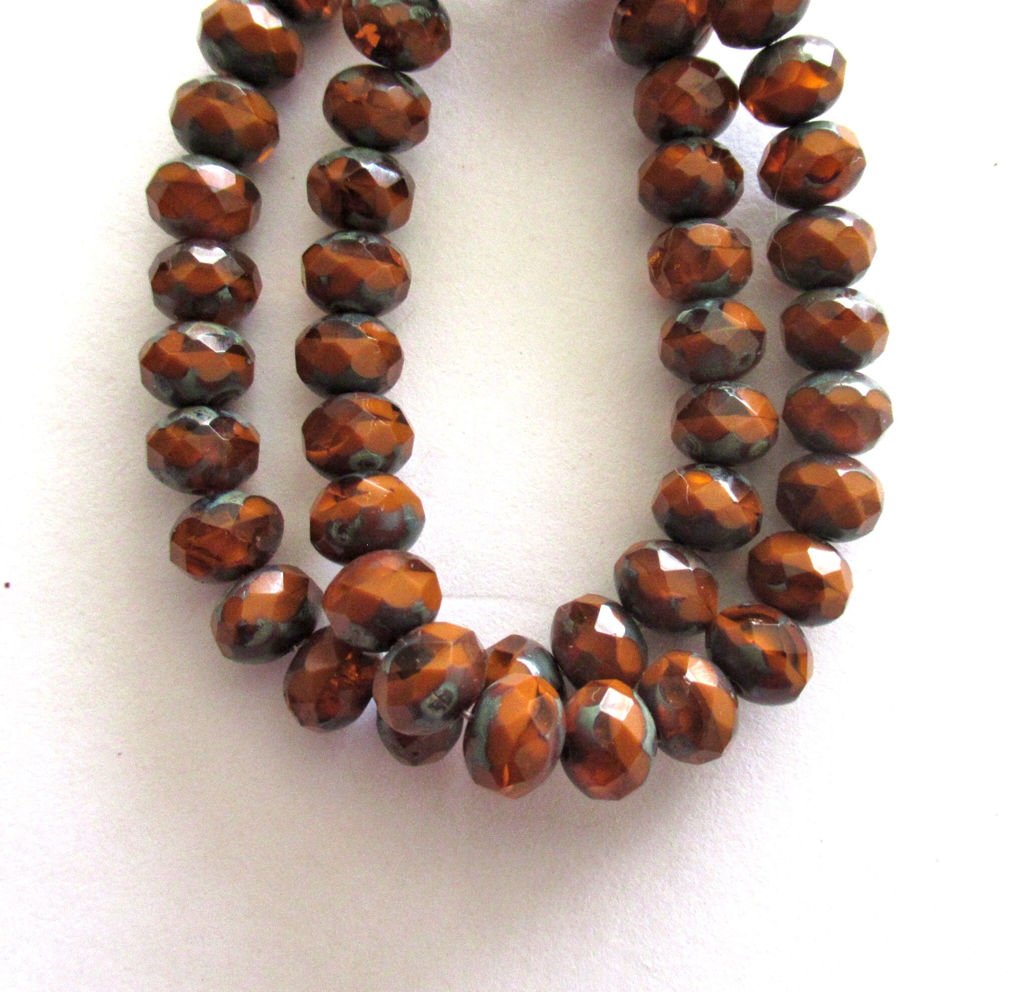25 Czech glass faceted puffy rondelle beads - 5 x 7mm transparent & opaque rust orange brown mix picasso faceted rondelles C00031