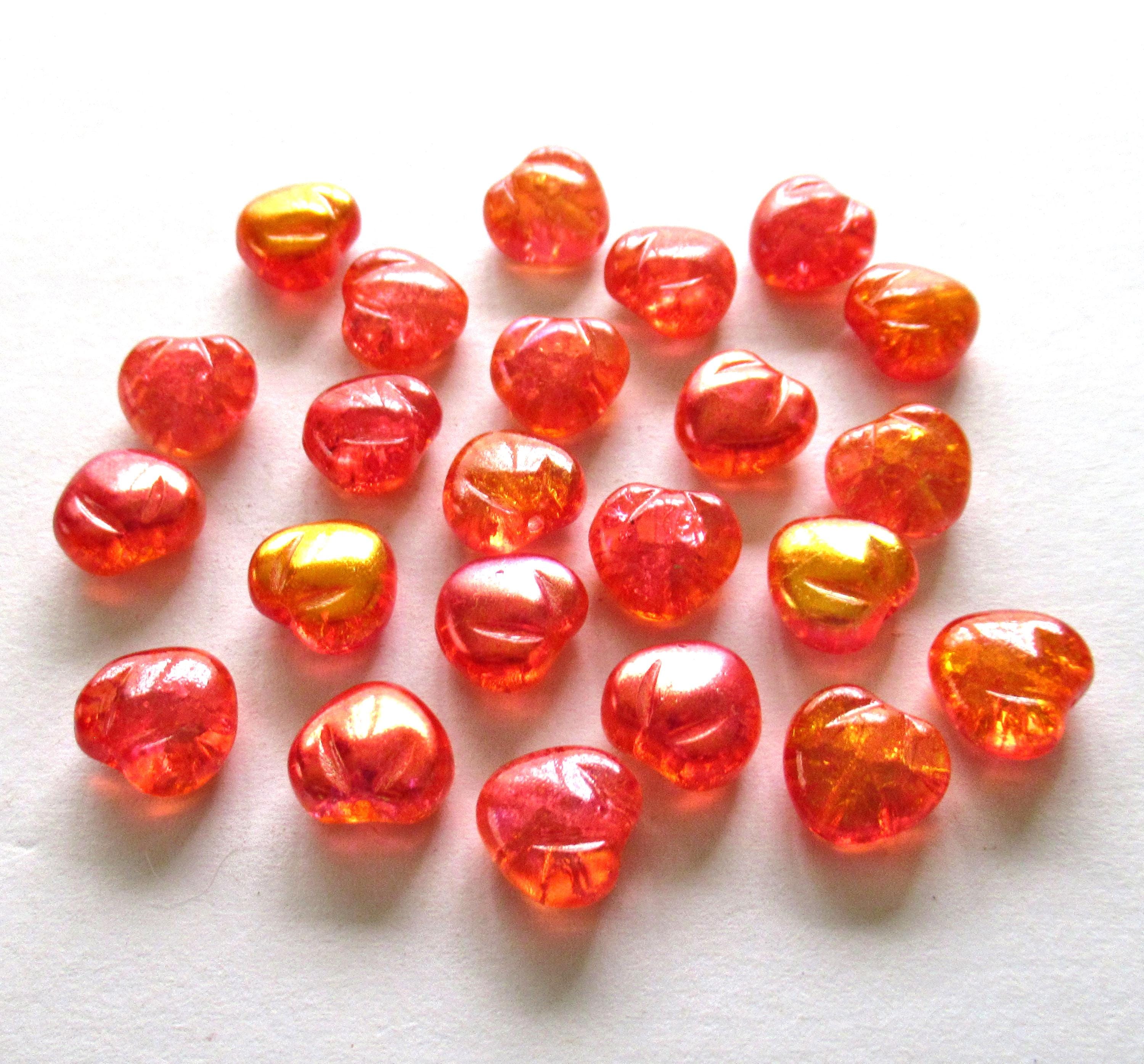 Ten Czech glass heart beads - 11mm - bright orange ab crackle glass hearts - C0049