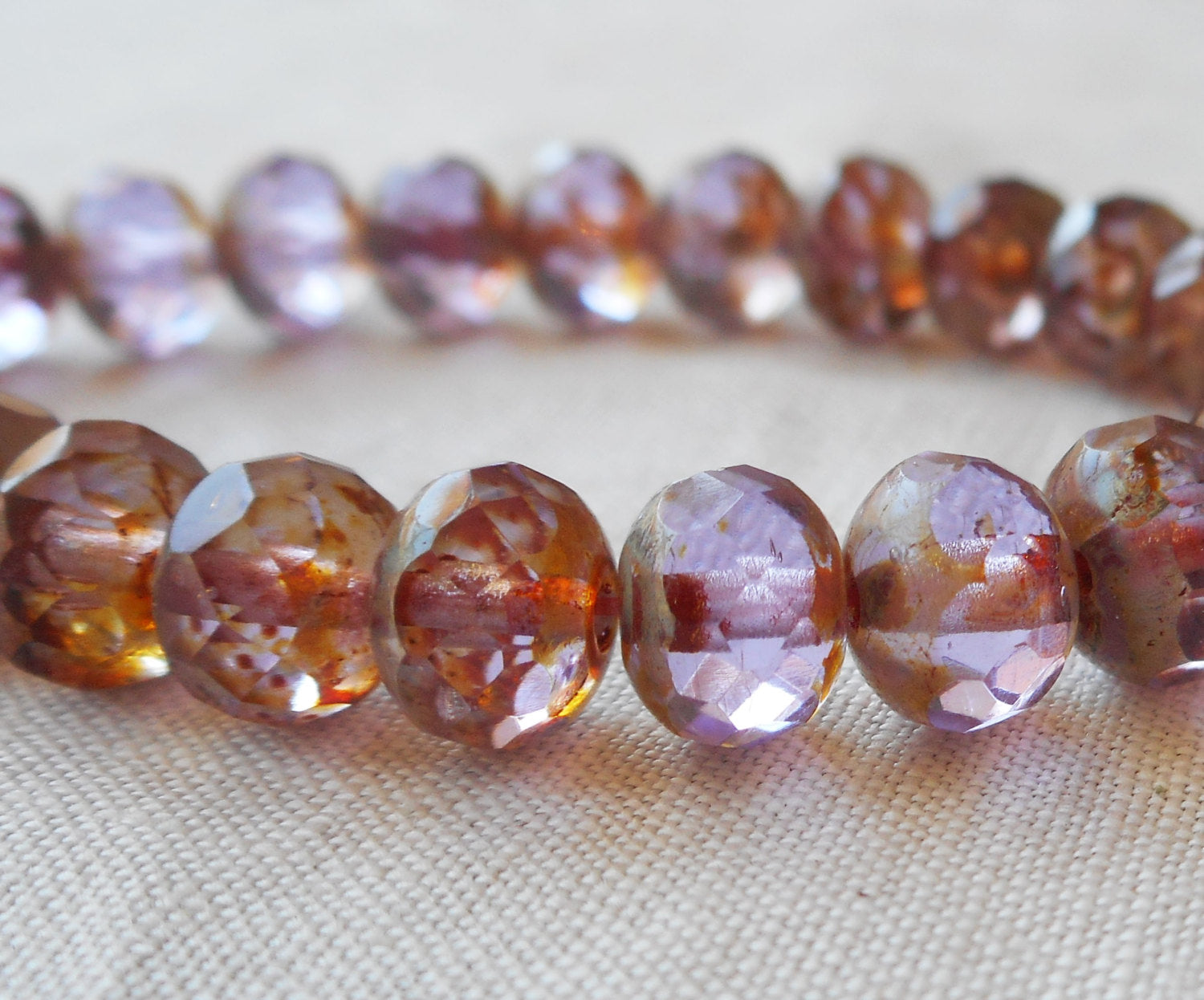 Lot of 25 Transparent light purple, lavender Picasso faceted puffy rondelle or donut beads, 5 x 7mm Czech glass beads C52201