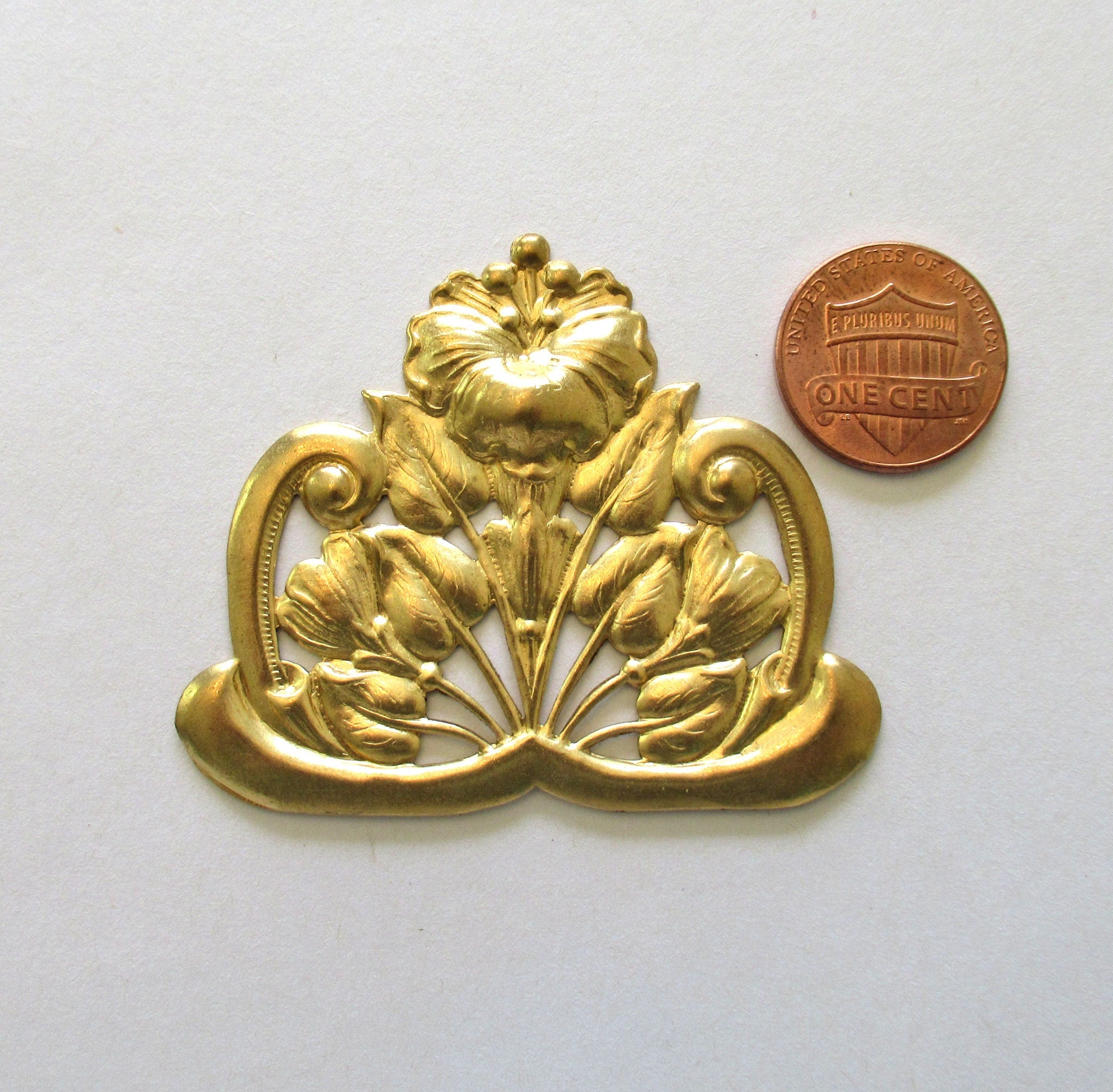 1 large floral raw brass stamping - Victorian flower connector - pendant - ornament - component - 1.87" x 2.25" - made in the USA C0096