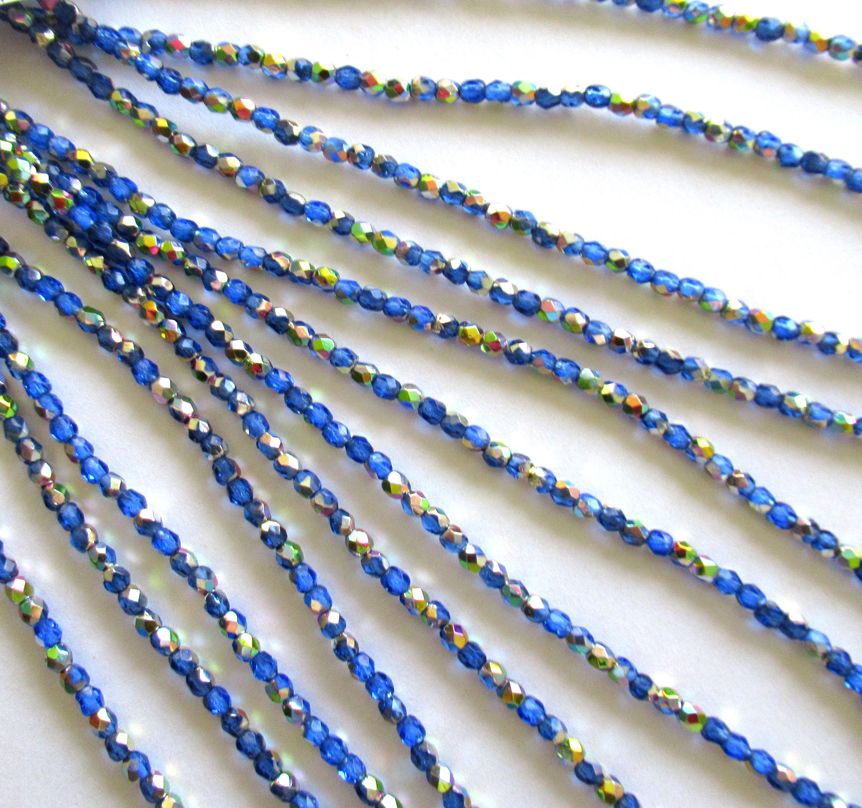 50 3mm Czech glass beads - Sapphire Blue Celsian beads - round faceted fire polished beads - C0015