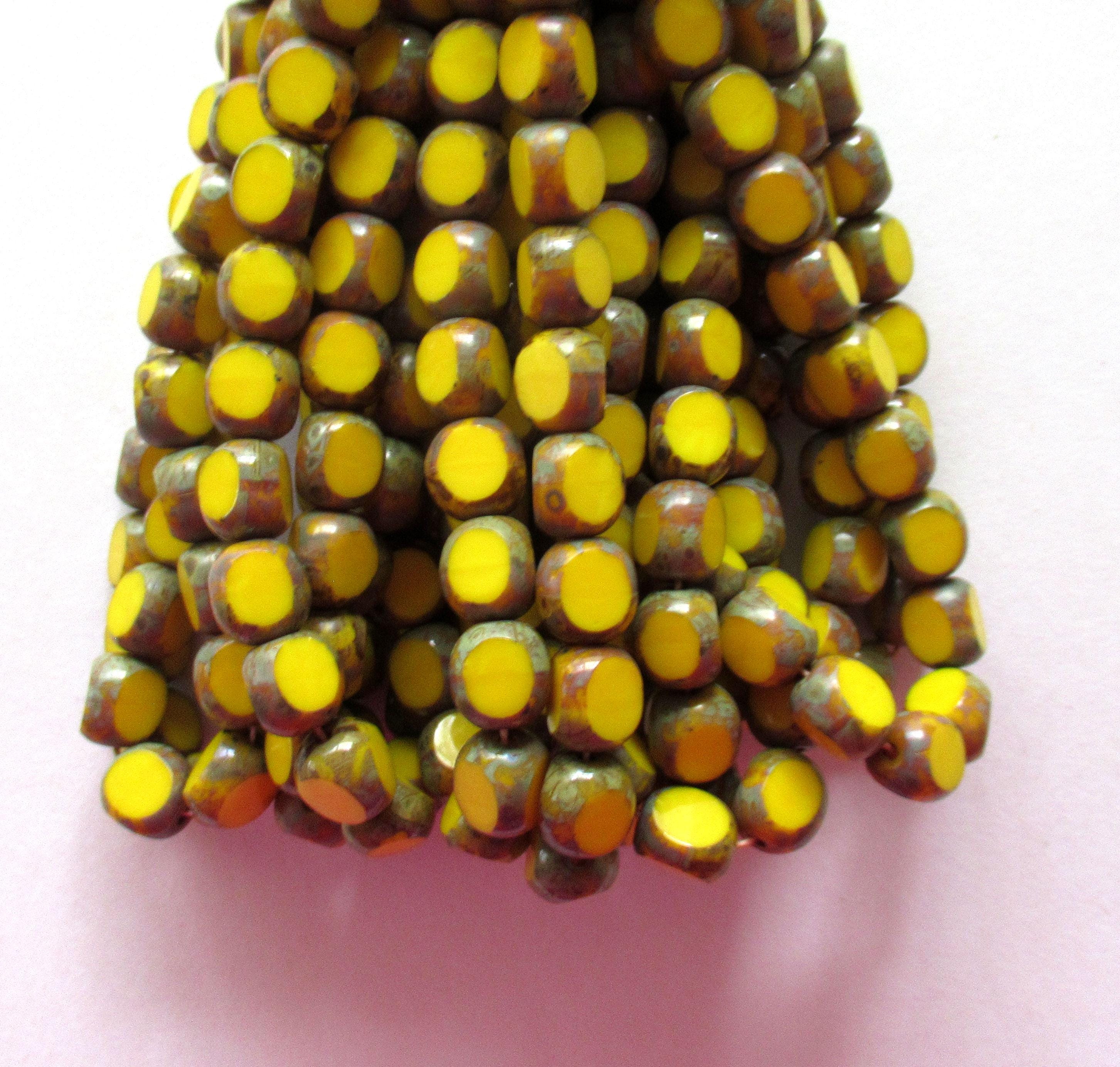 Lot of 25 Czech glass Tri-cut - Round beads - 8mm - opaque yellow picasso - faceted table cut rustic earthy window beads C0099