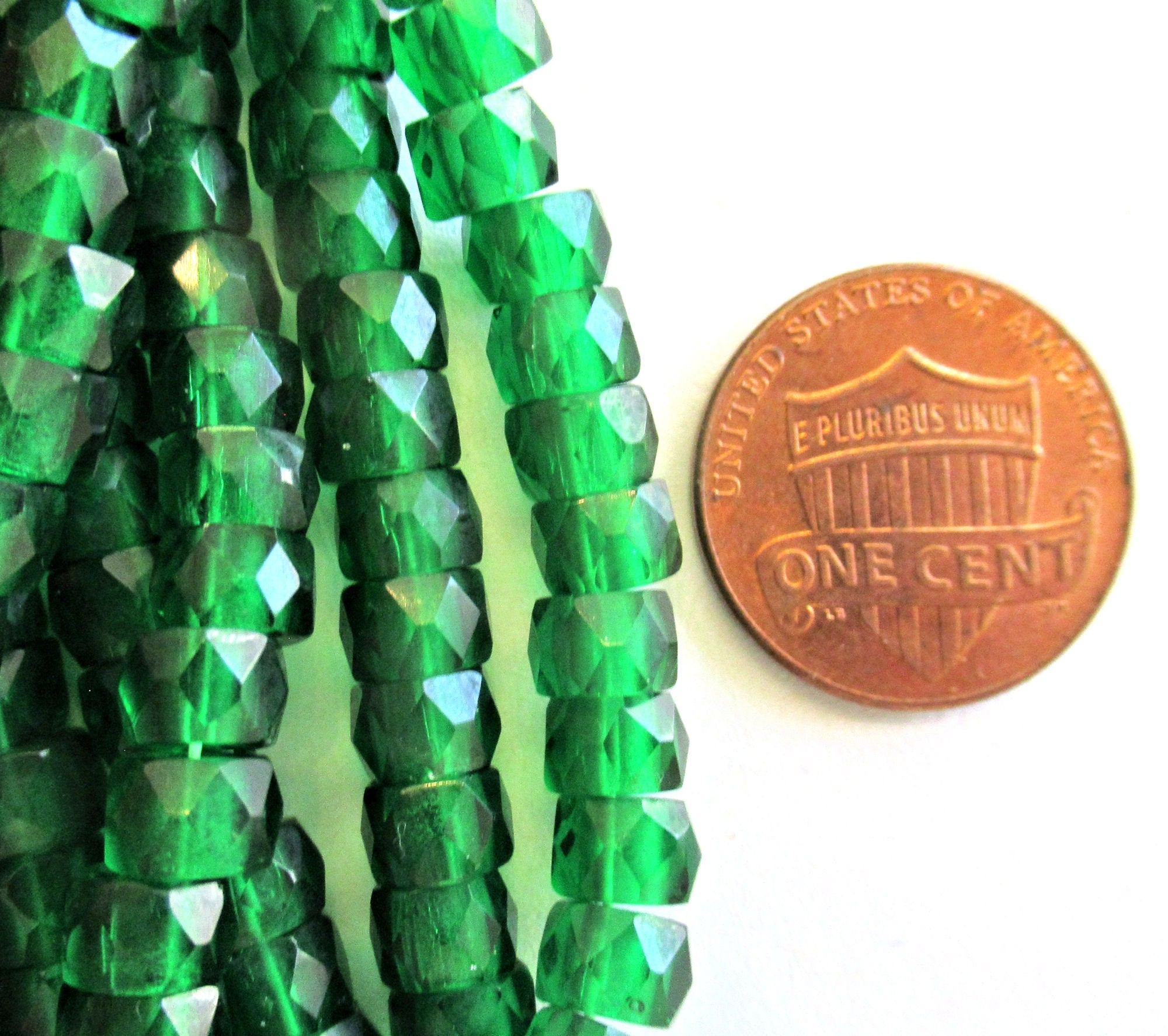 Fifty 6mm faceted Czech glass emerald green pony or roller beads - large hole crow beads - C0098