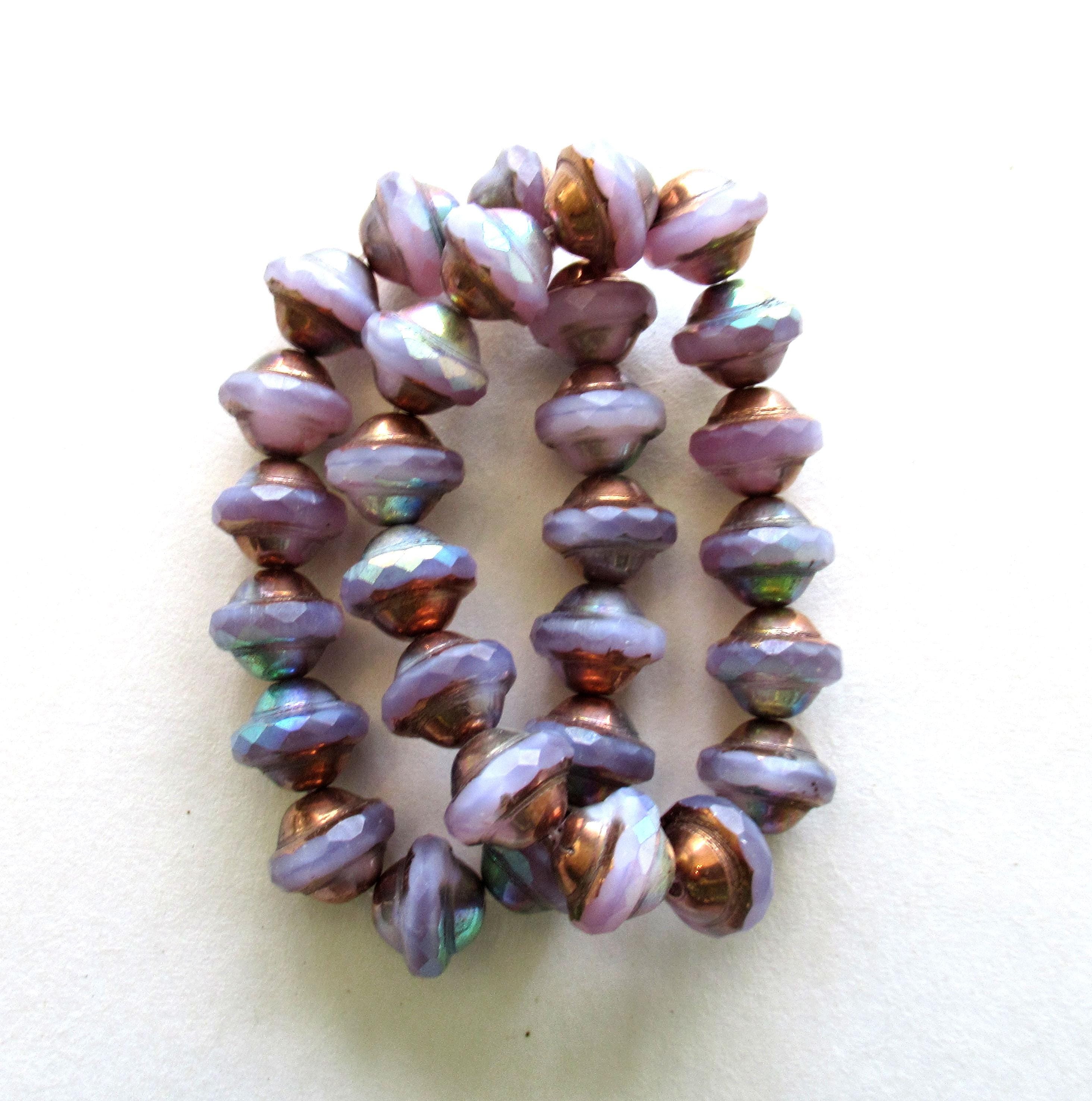 15 Czech glass saturn beads - 8 x 10mm translucent milky purple / lavender ab - faceted saucer beads with copper picasso accents C00542