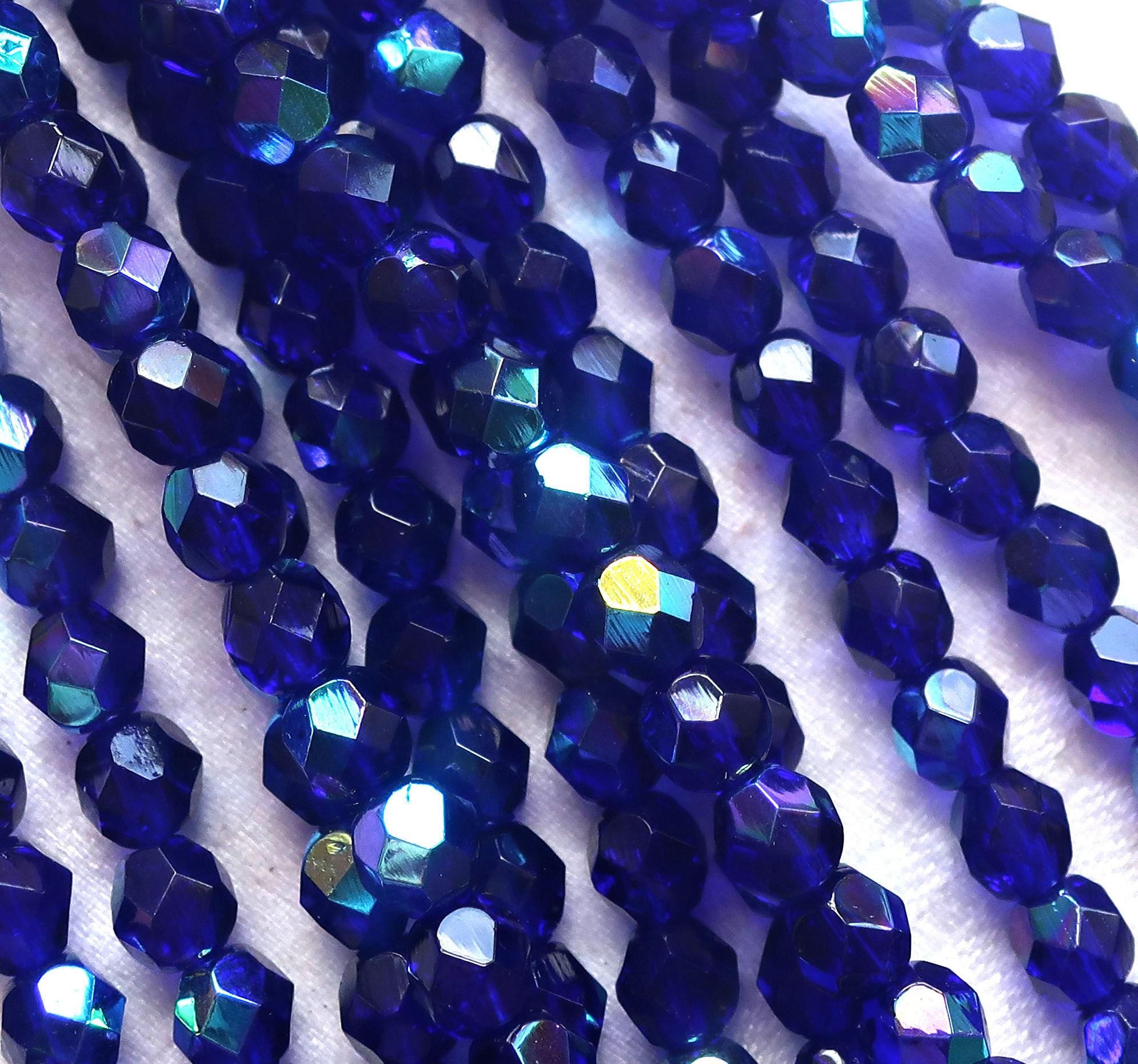 Lot of 25 6mm Czech glass beads, cobalt blue AB fire polished faceted round beads C7525