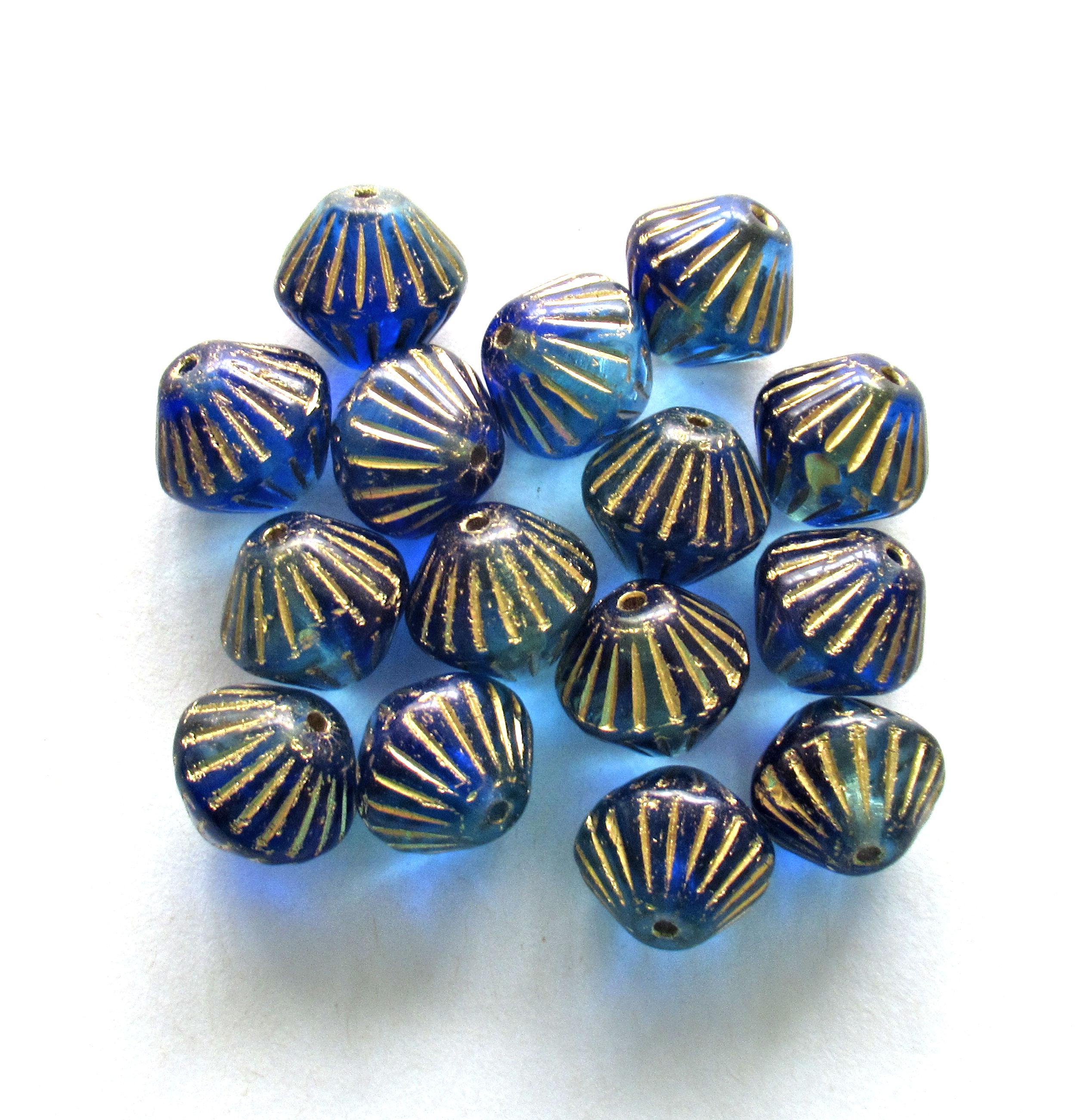 Five Czech glass bicones - 11mm x 10mm - sapphire & aqua blue mix with gold accents - carved chunky rustic bicone beads - C0057