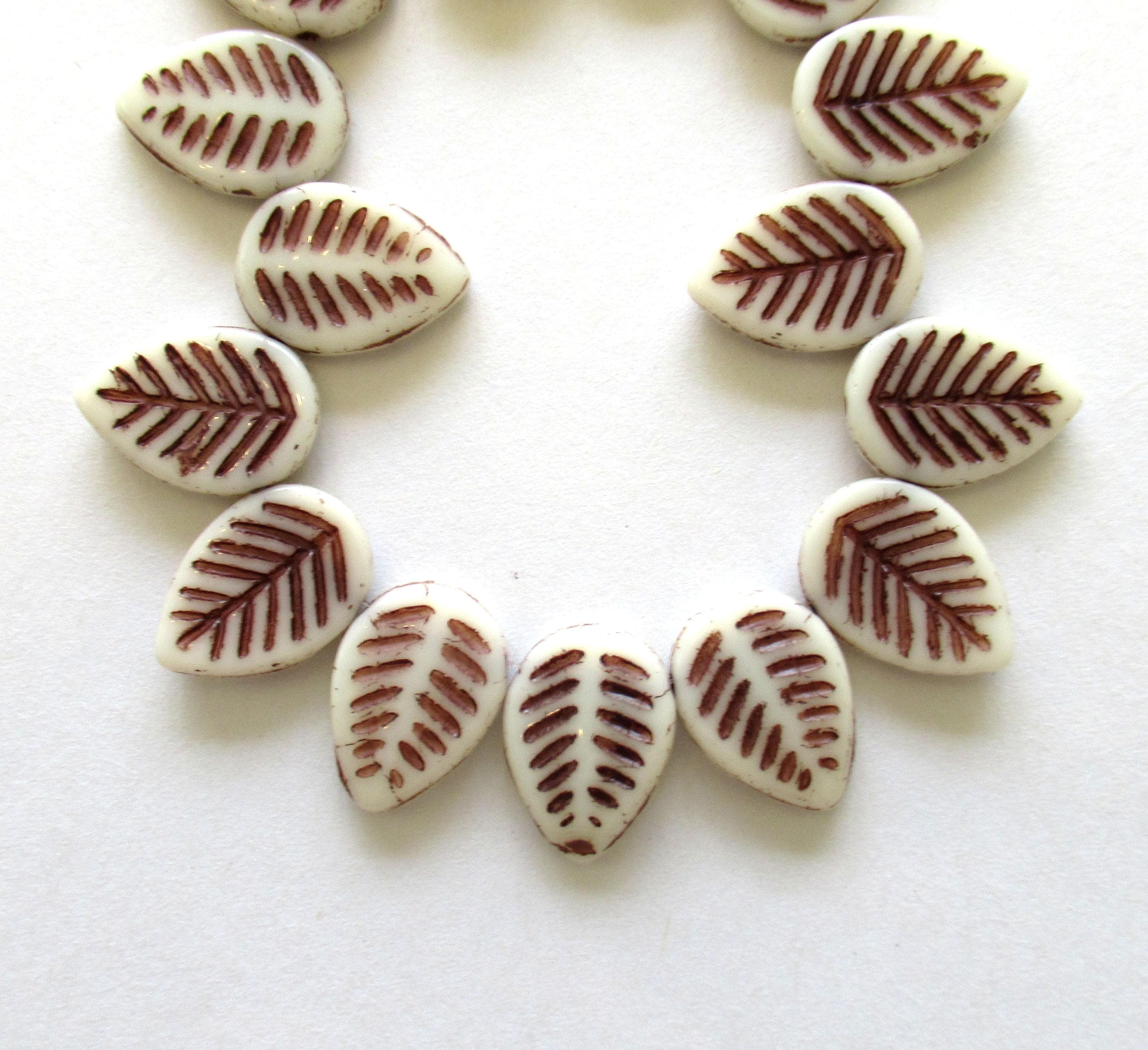 Ten large Czech glass leaf beads - side drilled white beads with a brown wash - 12 x 16mm carved beads C00041