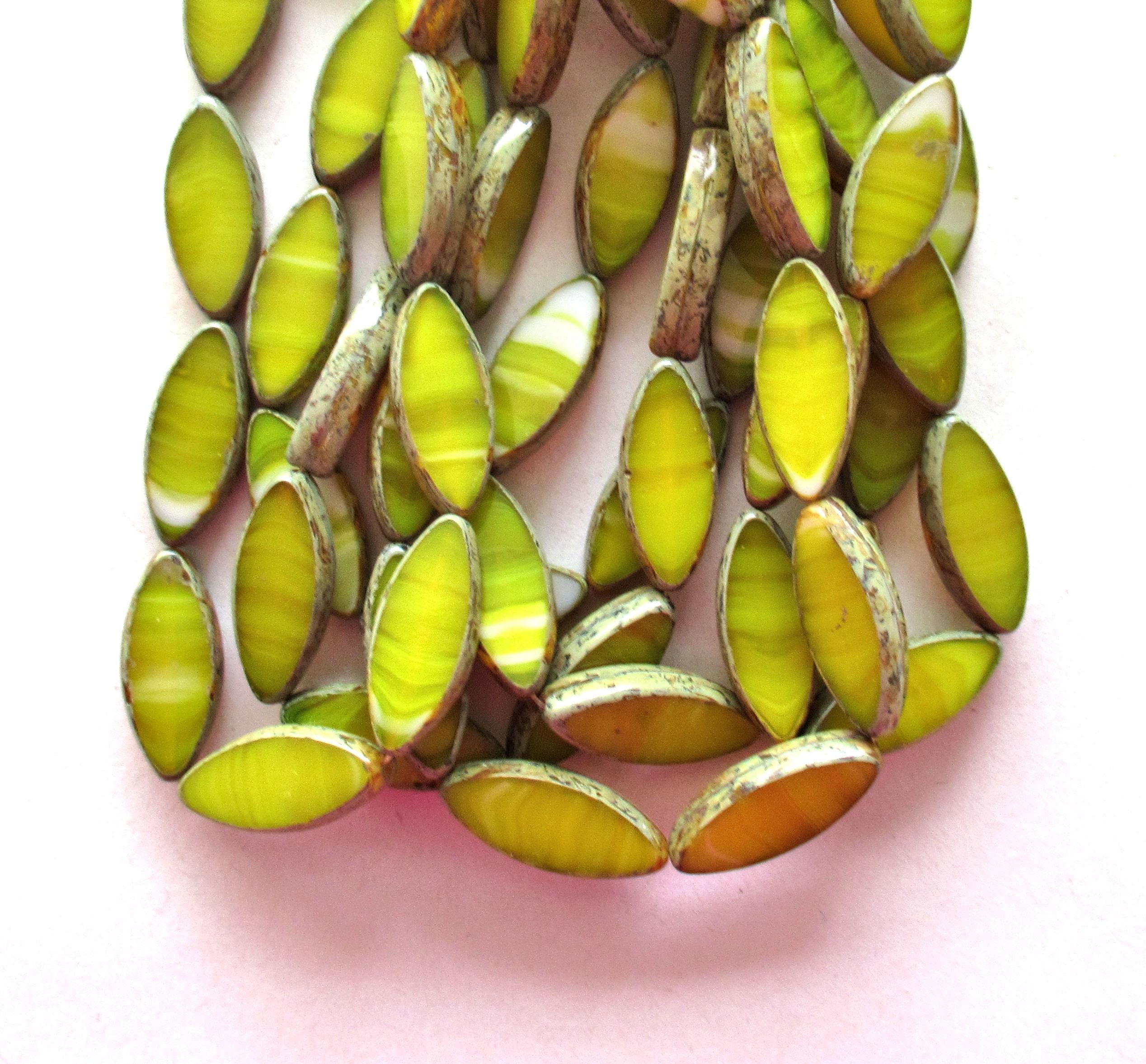 Ten 17 x 8mm Czech glass spindle beads - opaque marbled yellow & white picasso beads - table cut almond shaped beads C000191