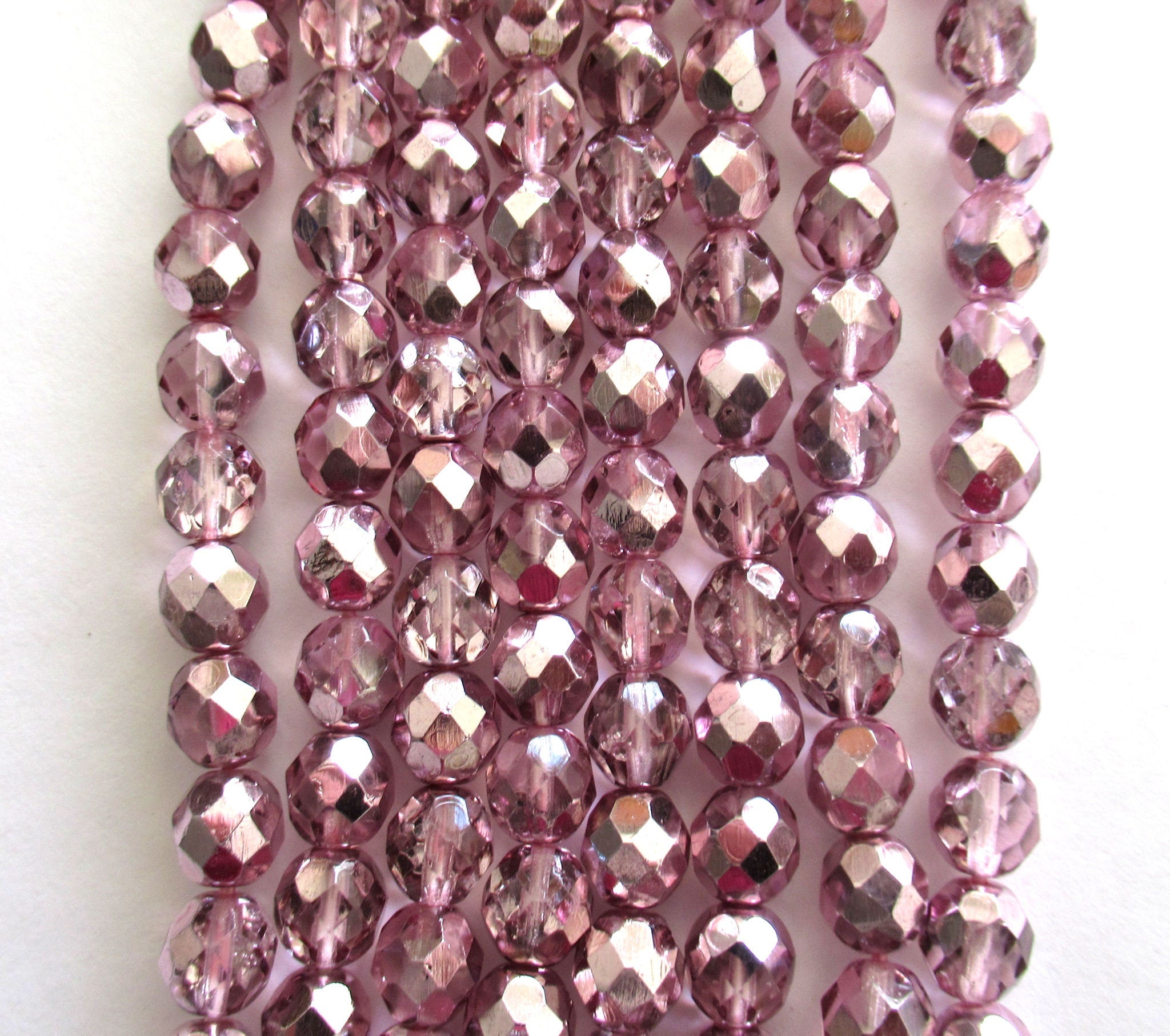 25 8mm Czech glass beads - light Pink metallic Ice - faceted round fire polished glass beads C0048