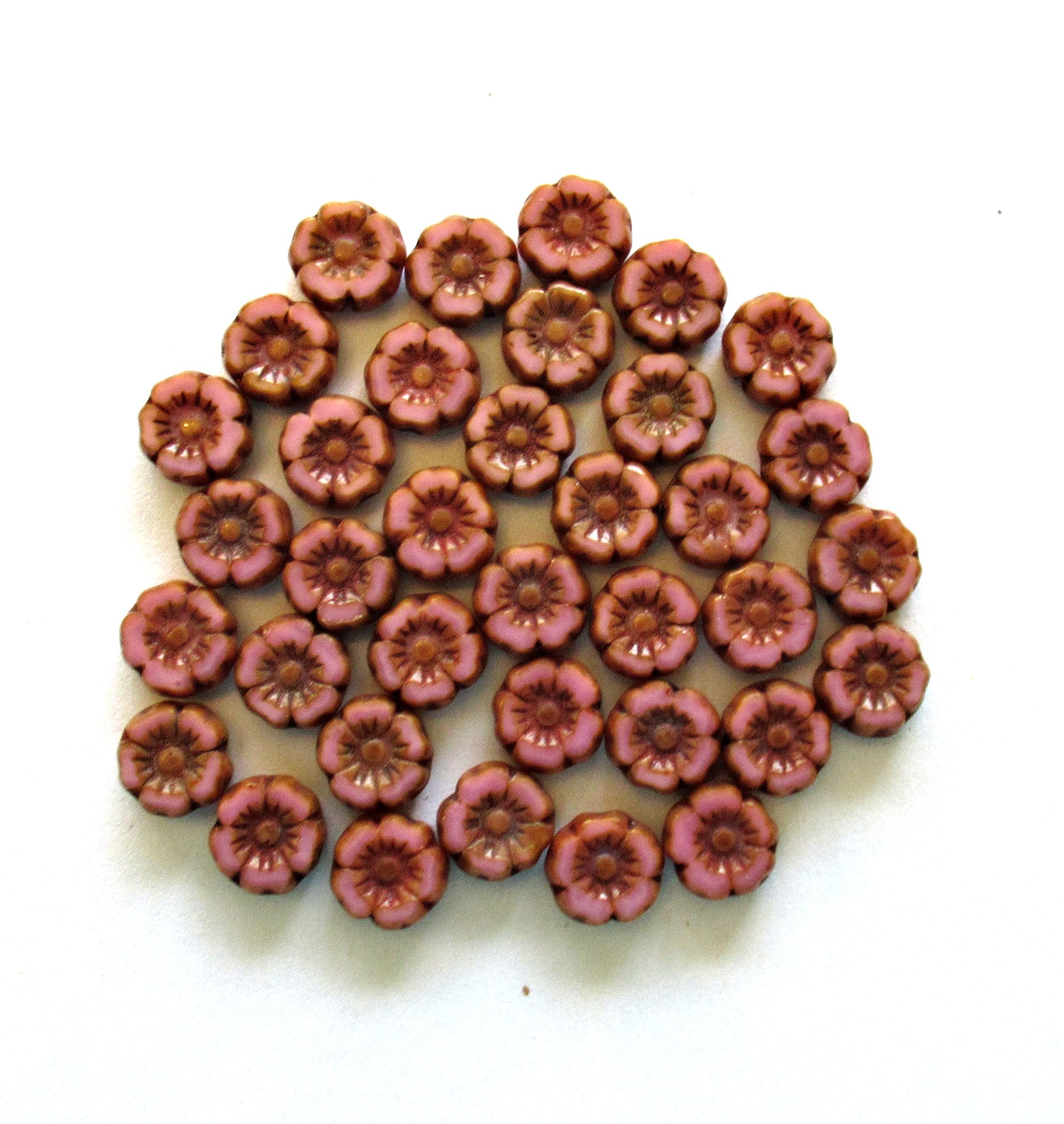 Twelve small 7mm Czech glass flower beads - opaque pink silk picasso beads - table cut carved Hawaiian hibiscus floral beads - C00171