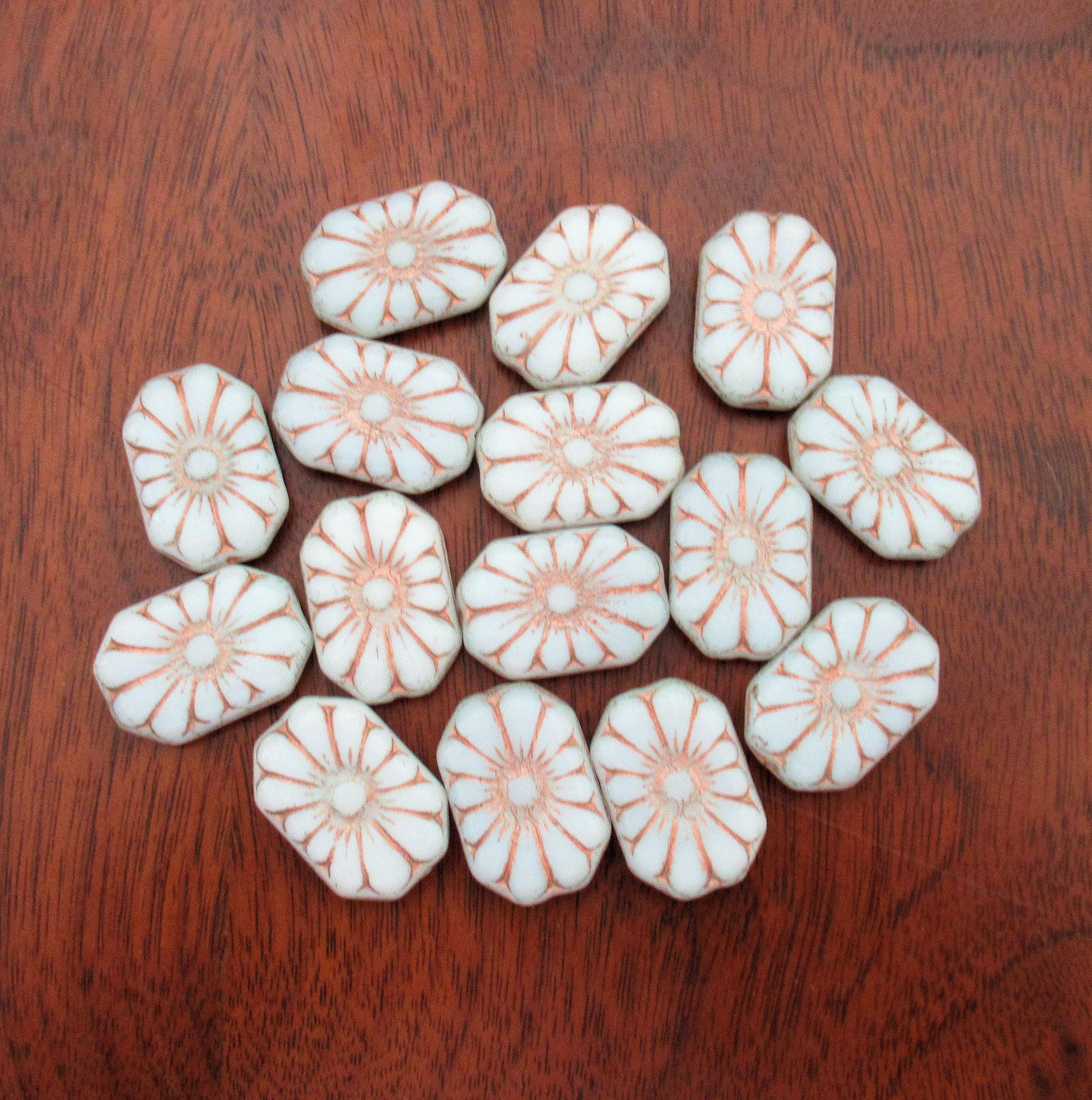 Five large Czech glass flower beads - opaque white rectangle beads with gold accents - focal or statement beads - 19 x 14mm - C00011