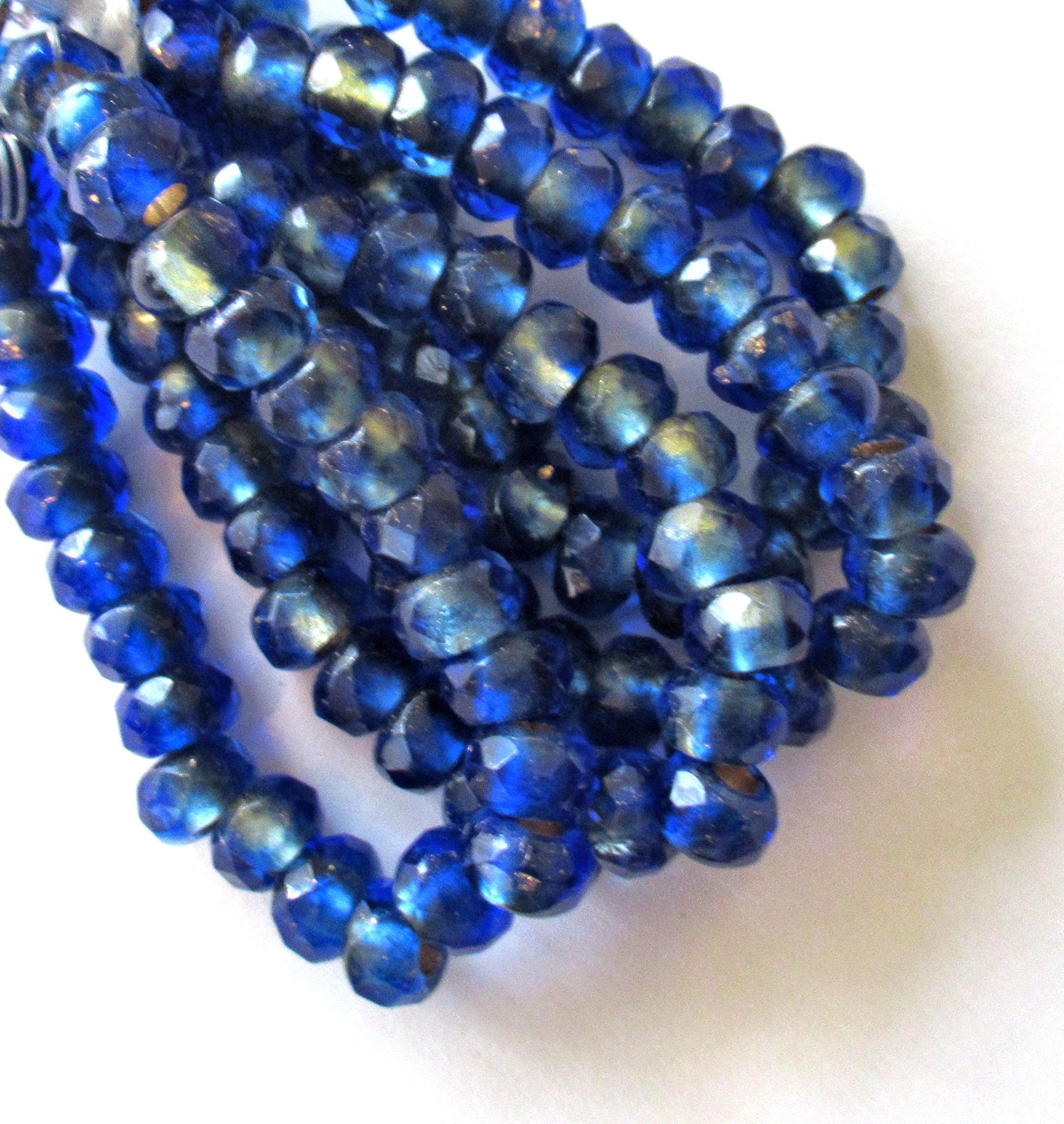 Ten Czech glass roller beads - 9 x 6mm matte sapphire blue gold lined beads - faceted rondelles big 3.5mm hole beads C00621