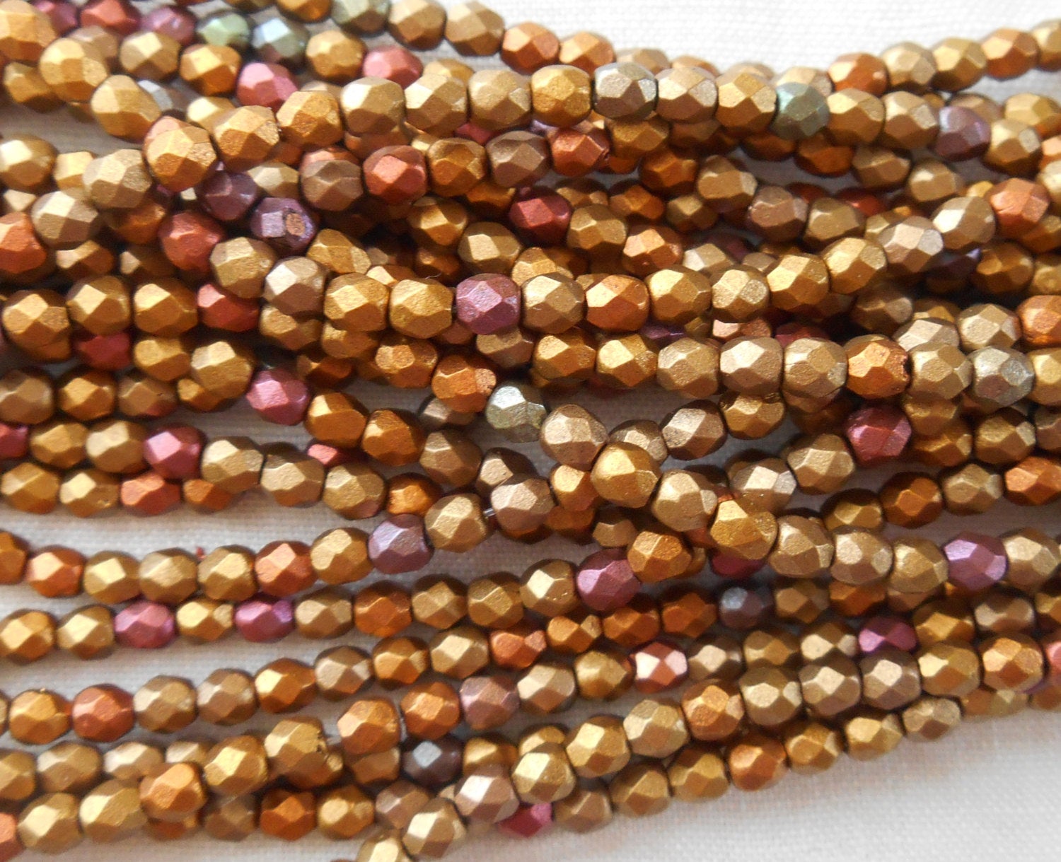 50 3mm Czech Matte Metallic Gold Iris glass beads, round faceted fire polished beads, C1550