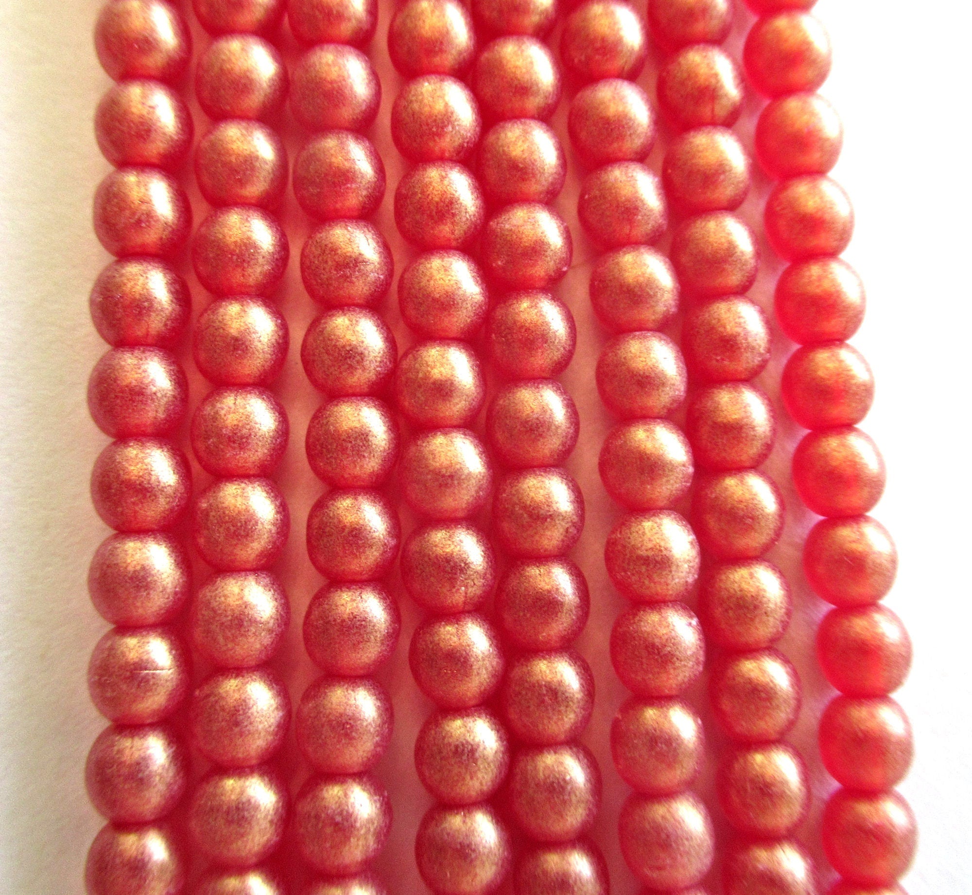 100 4mm Czech glass druks - Sueded Gold Ruby Red - siam red smooth round druk beads with a matte gold finish - C0093