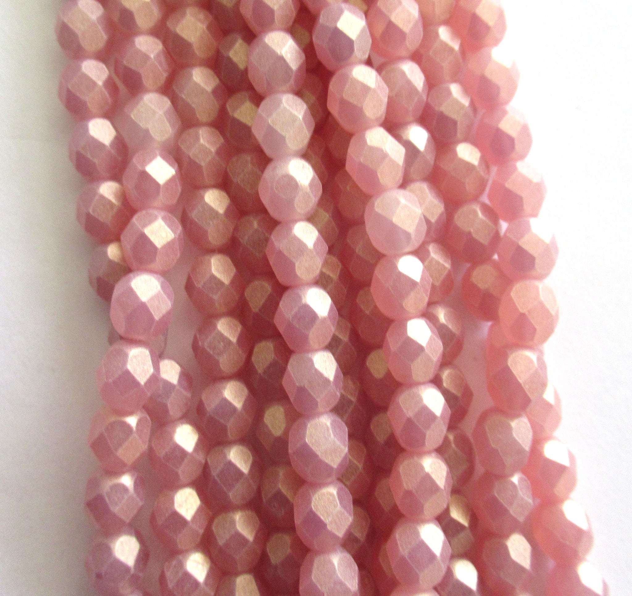 Lot of 25 6mm sueded gold milky pink Czech glass beads - round, faceted fire polished beads C0036