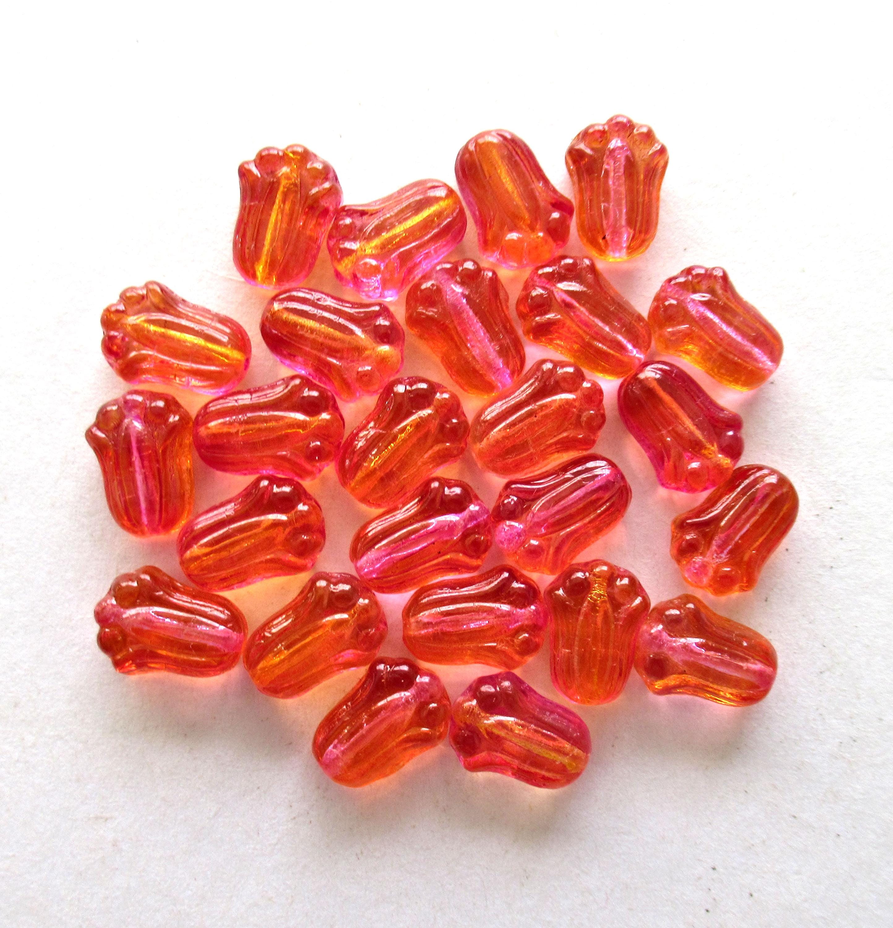 25 Czech glass tulip flower beads - fuchsia & lemon - orange - 12 x 8mm - pressed glass beads - C00089